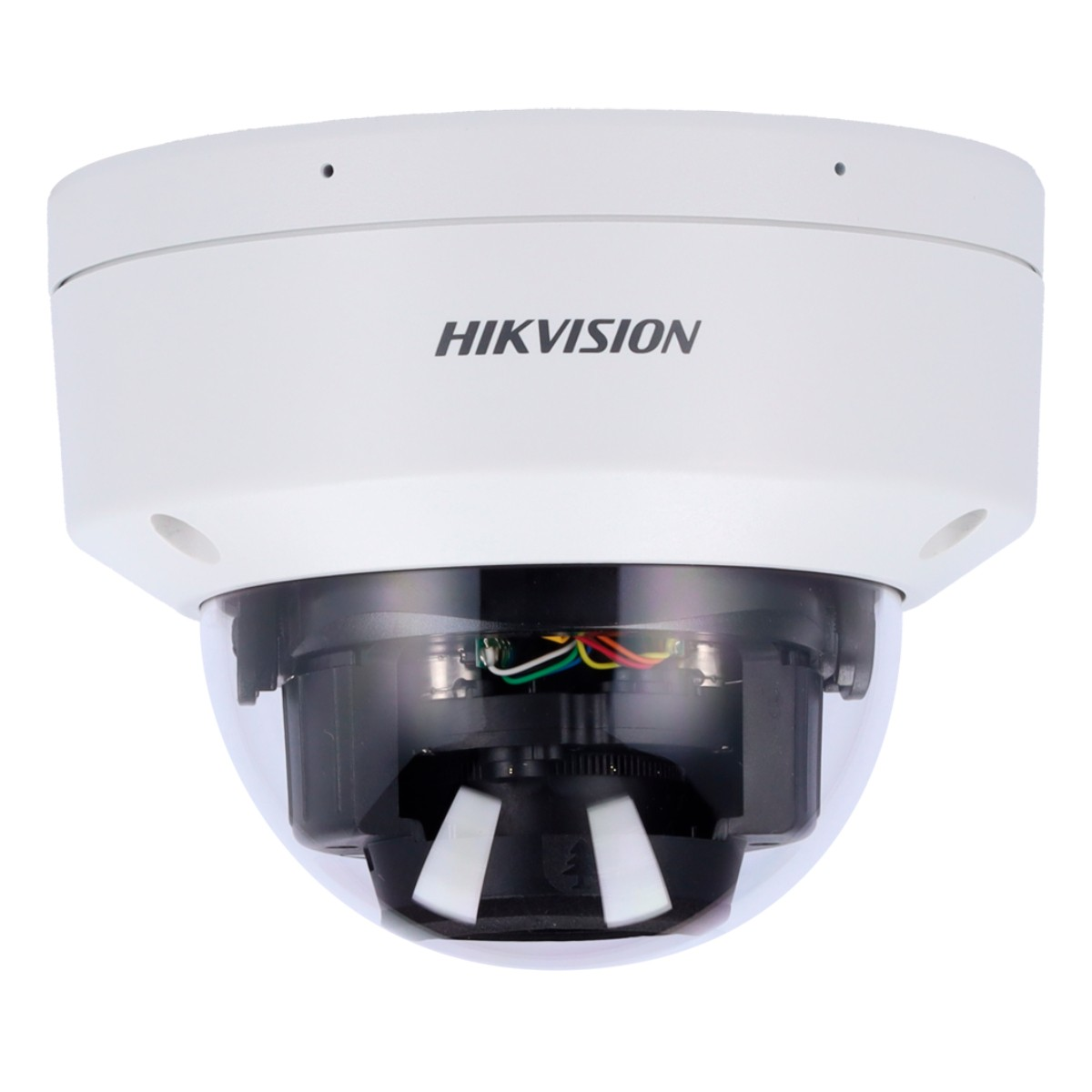 Biała kamera kopułkowa z czarnym spodem i przezroczystą kopułą. Marka: HIKVISION.