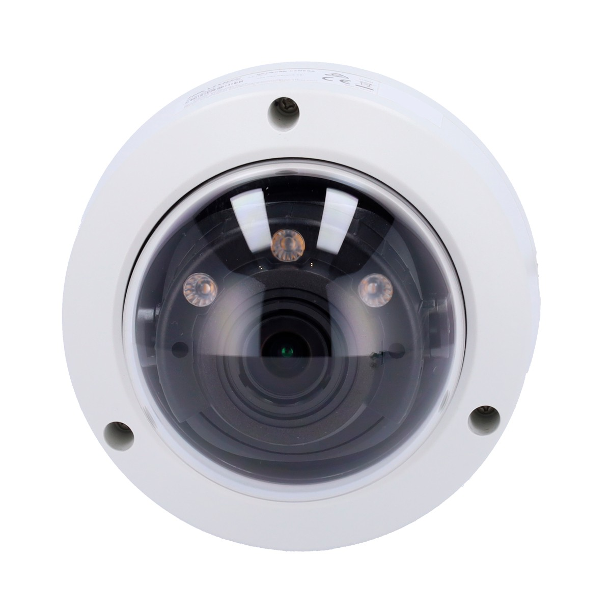 Biała kamera bezpieczeństwa z czarnym obiektywem i trzema małymi światłami.