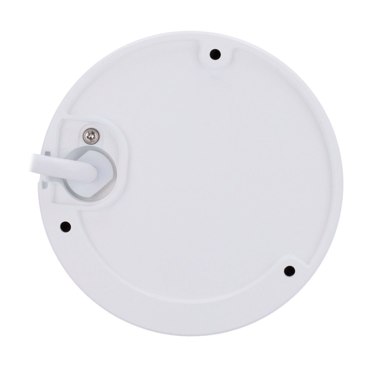 Biała kamera bezpieczeństwa, widok od dołu. Widoczne mocowanie, trzy otwory na śruby i kabel.