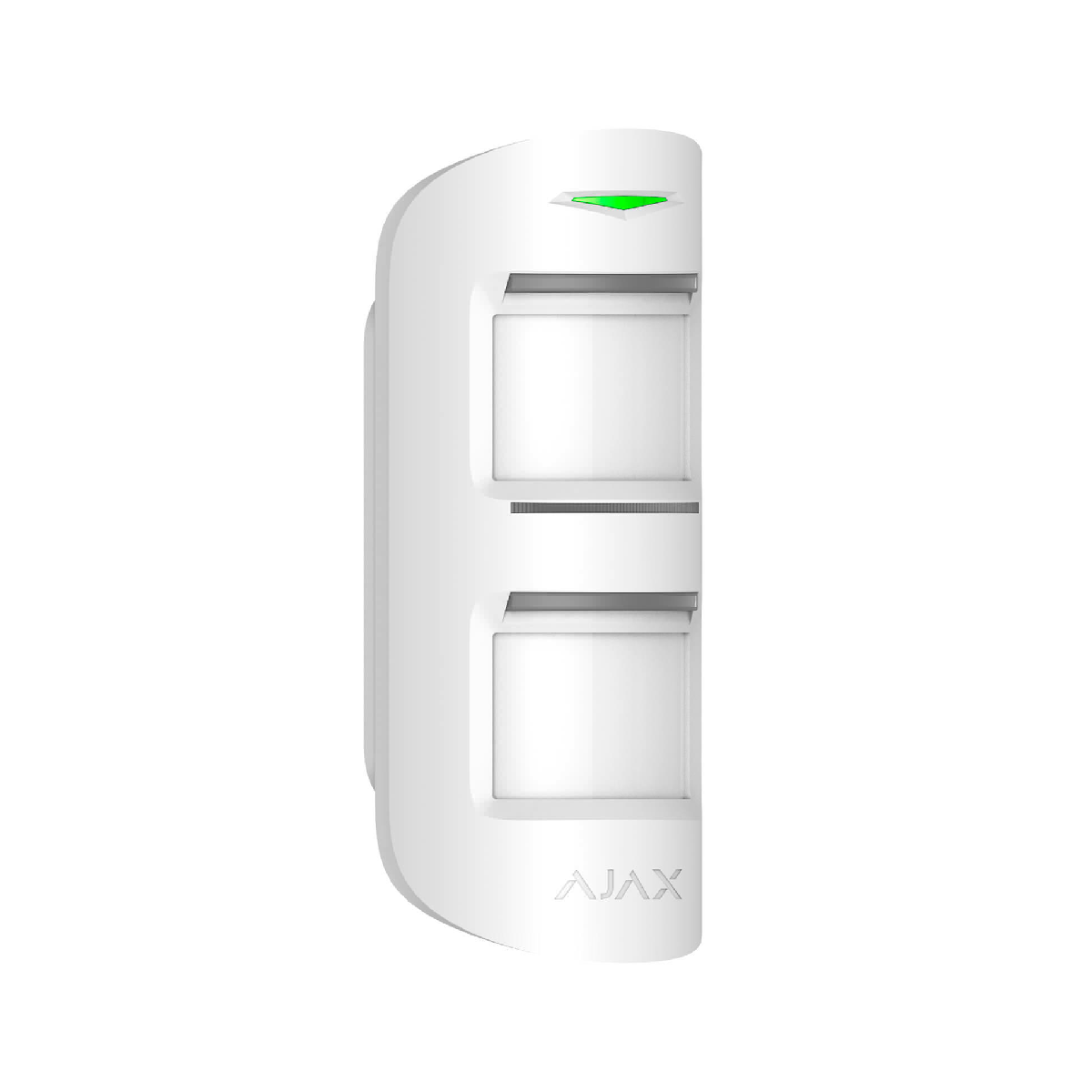 Dispositivo de seguridad blanco con dos sensores rectangulares y la marca 'AJAX'.