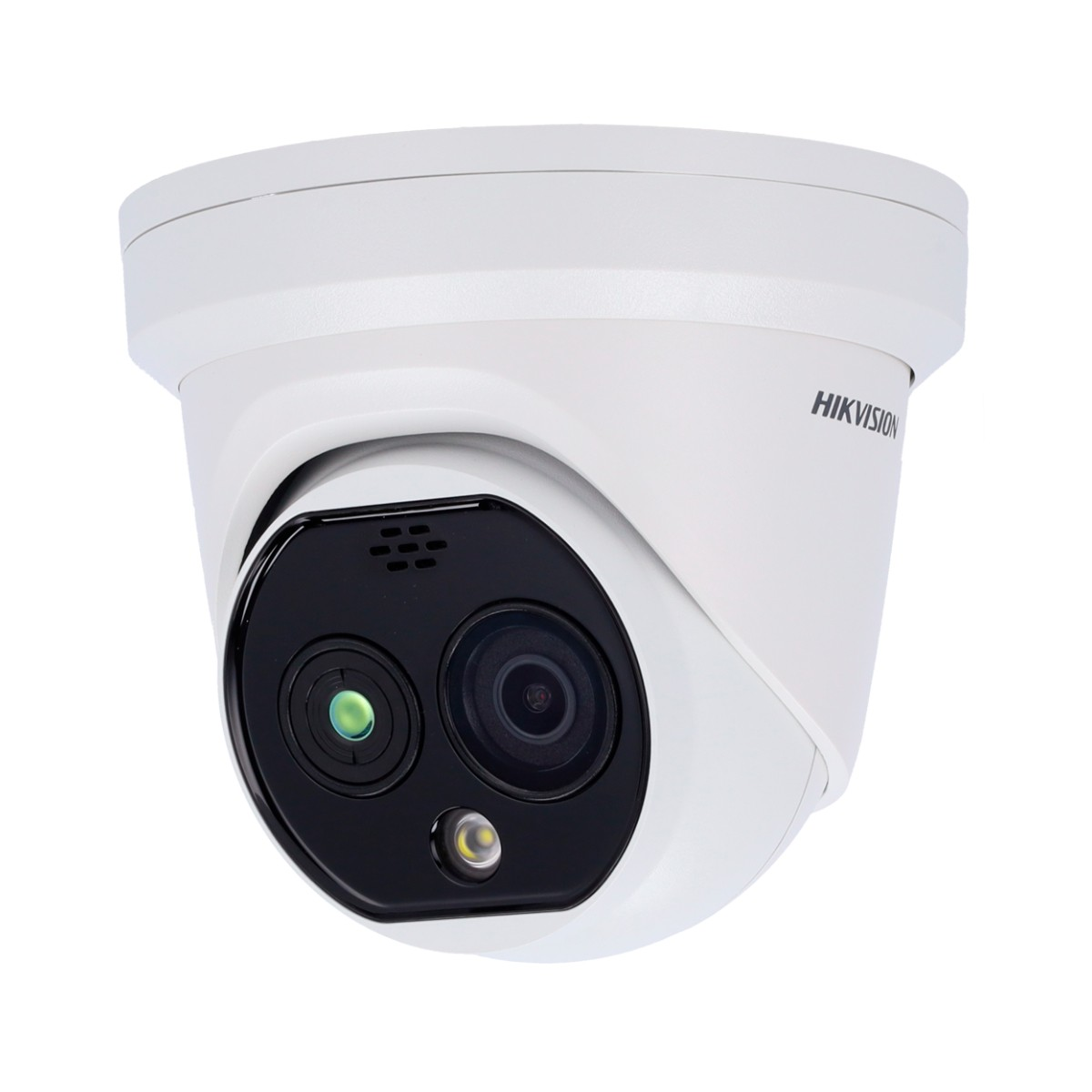Witte beveiligingscamera met zwarte lens. HIKVISION logo aan de zijkant.