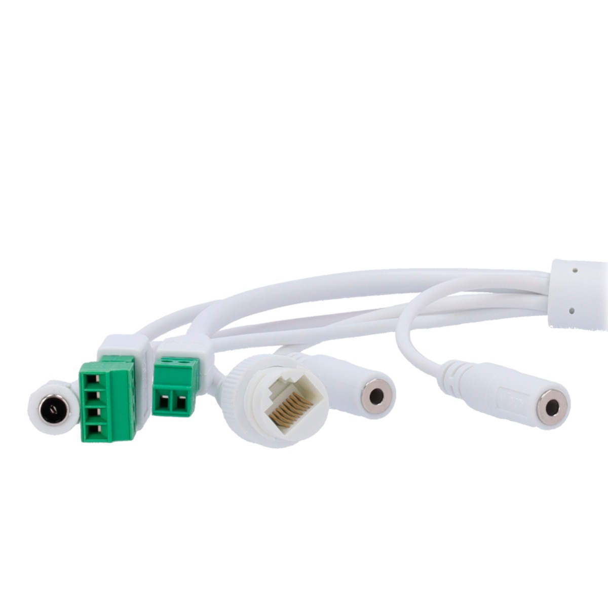 Witte kabels met verschillende connectoren: DC, RJ45 en audio-aansluitingen. Groene en witte connectoren.