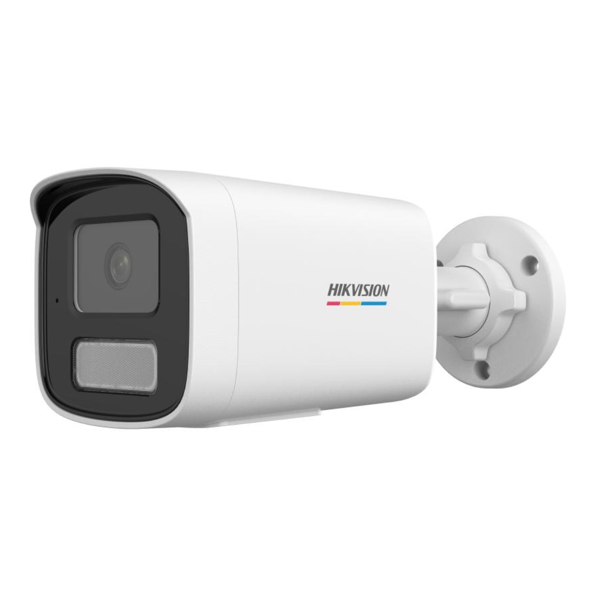 Weiße HIKVISION-Sicherheitskamera. Die Kamera ist an einer Wand montiert.