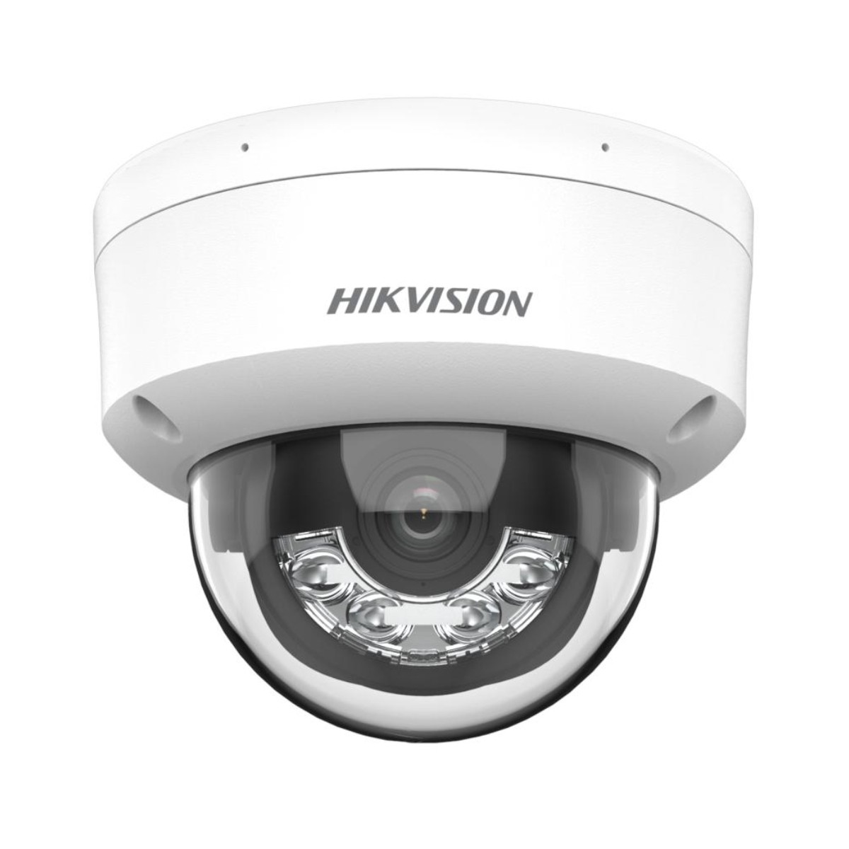 Telecamera di sicurezza a cupola, bianca e nera. Logo HIKVISION in alto.