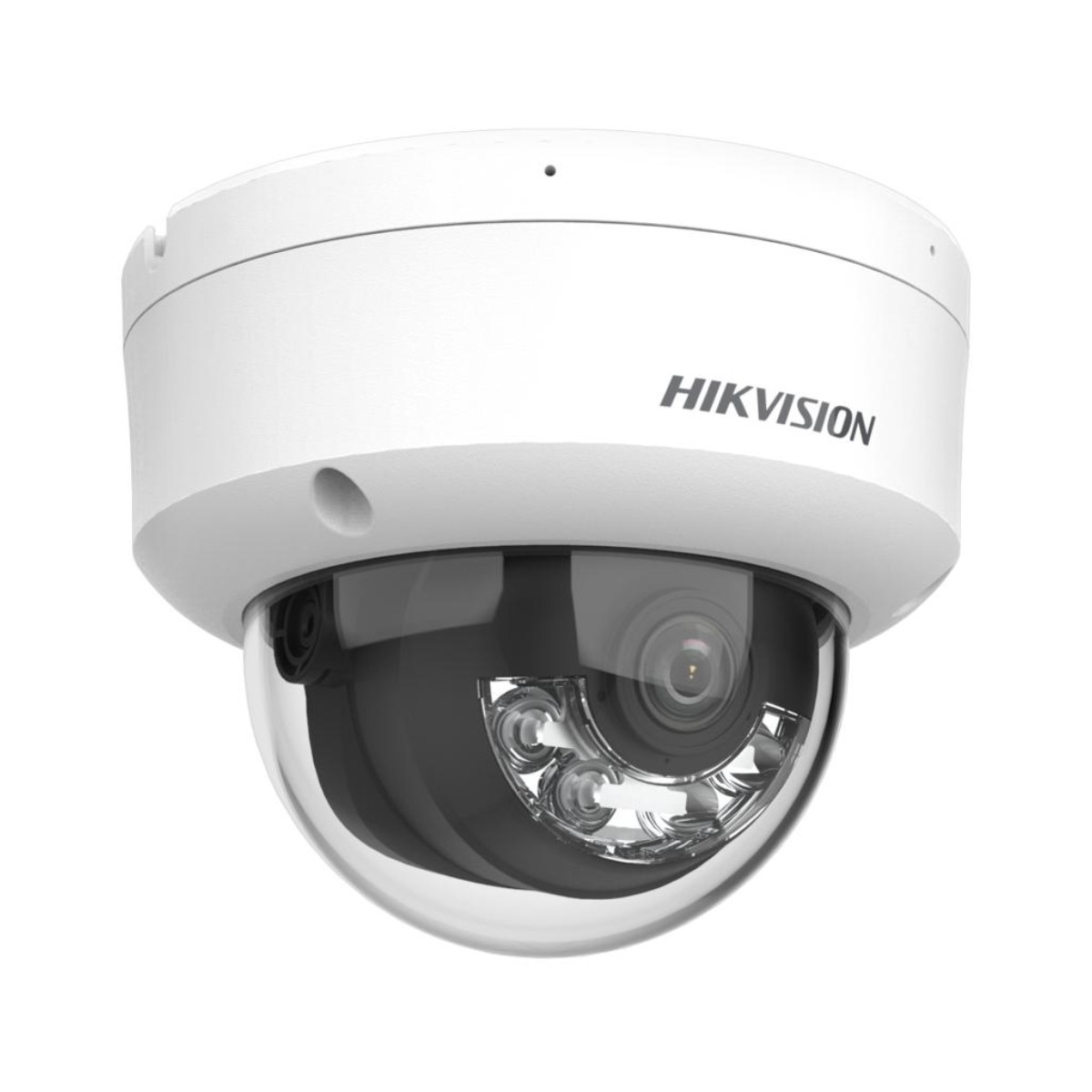 Telecamera di sicurezza bianca con cupola nera, logo Hikvision, isolata su bianco.