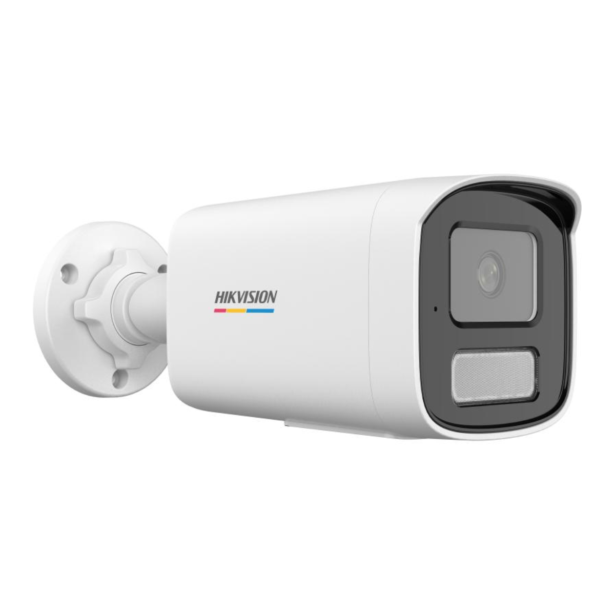 Weiße HIKVISION-Sicherheitskamera. Die Kamera ist an einer Wand montiert.
