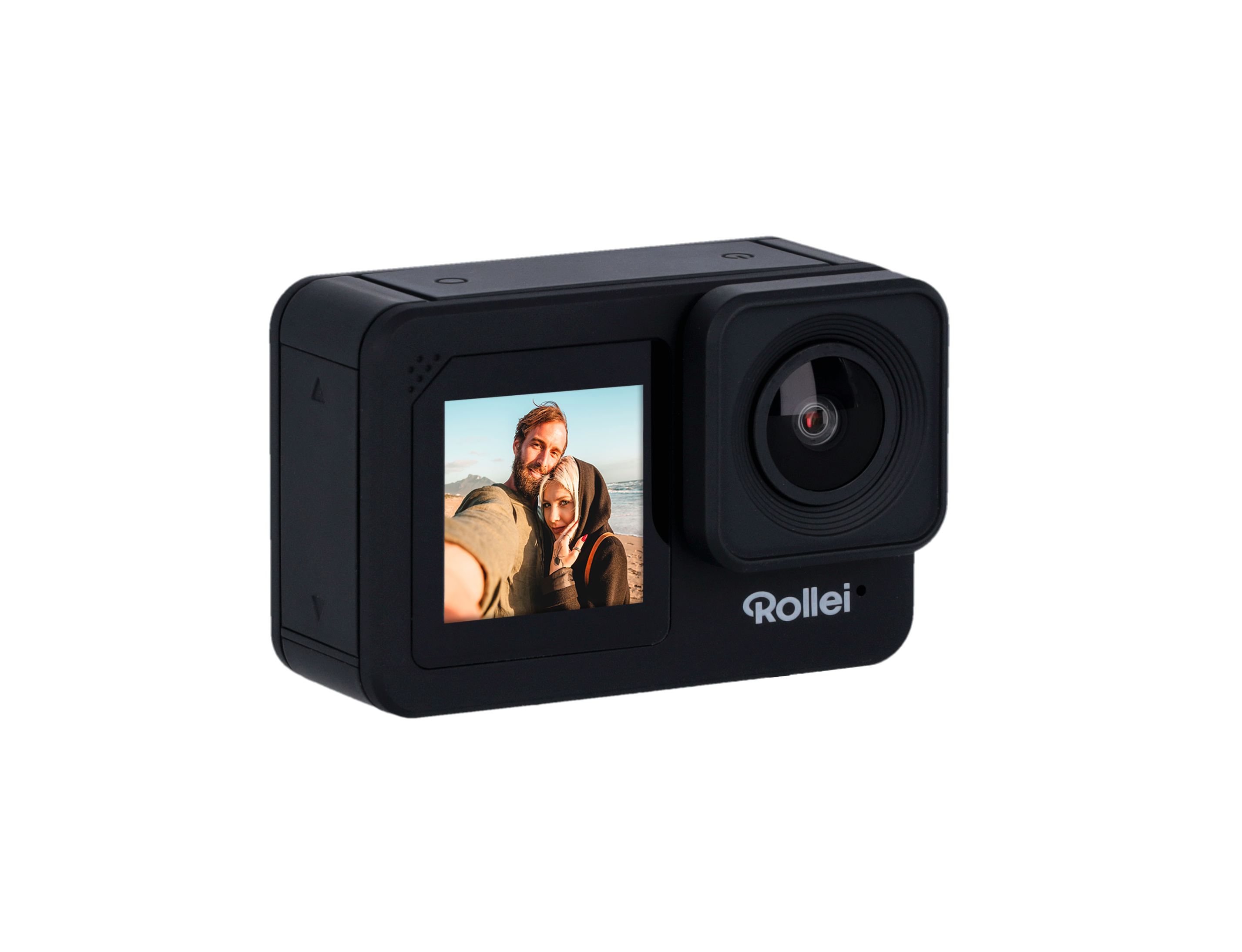Schwarze Rollei Action-Kamera, die ein Paar auf dem Bildschirm zeigt.
