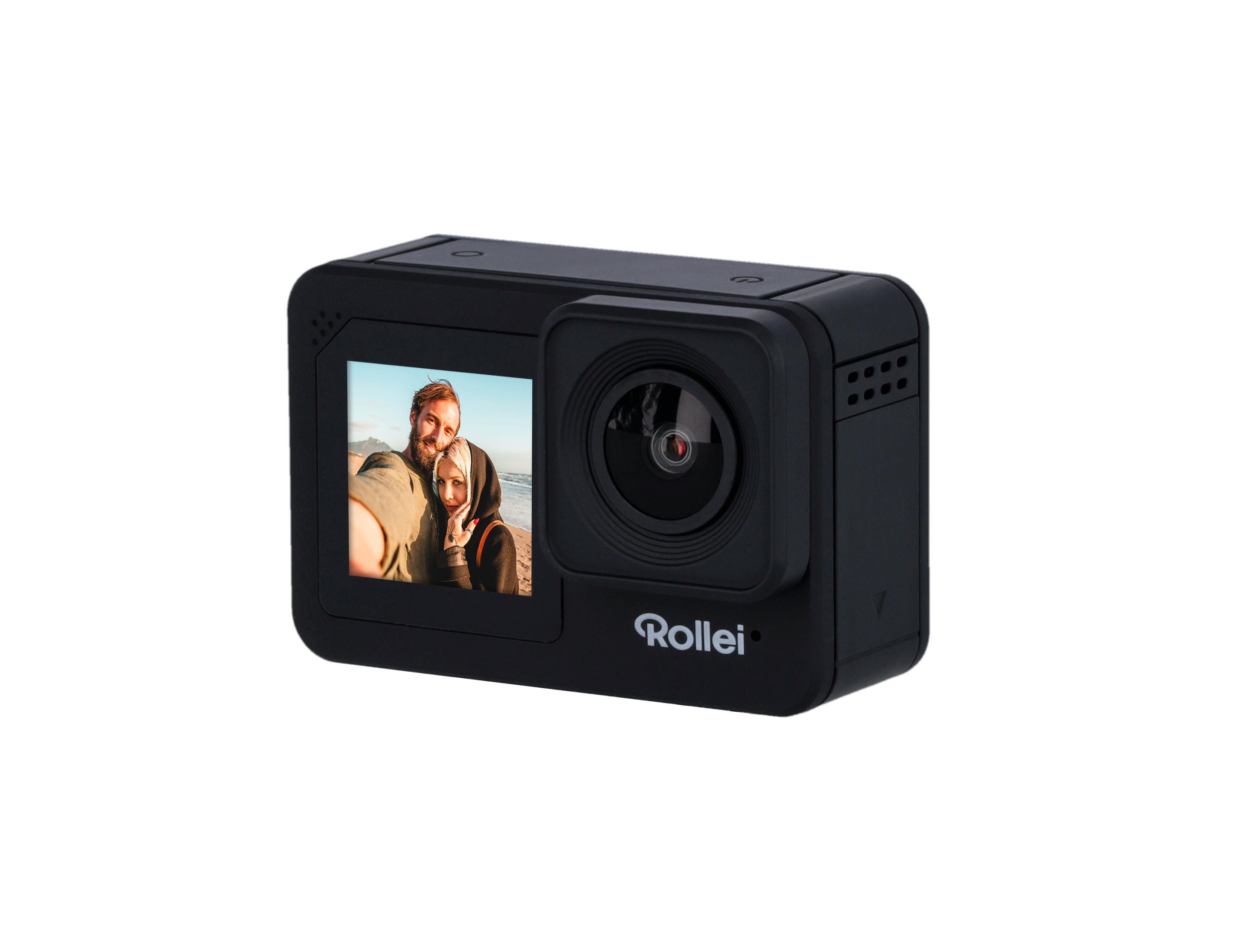 Schwarze Rollei Action-Kamera, die ein Paar auf dem Bildschirm zeigt.