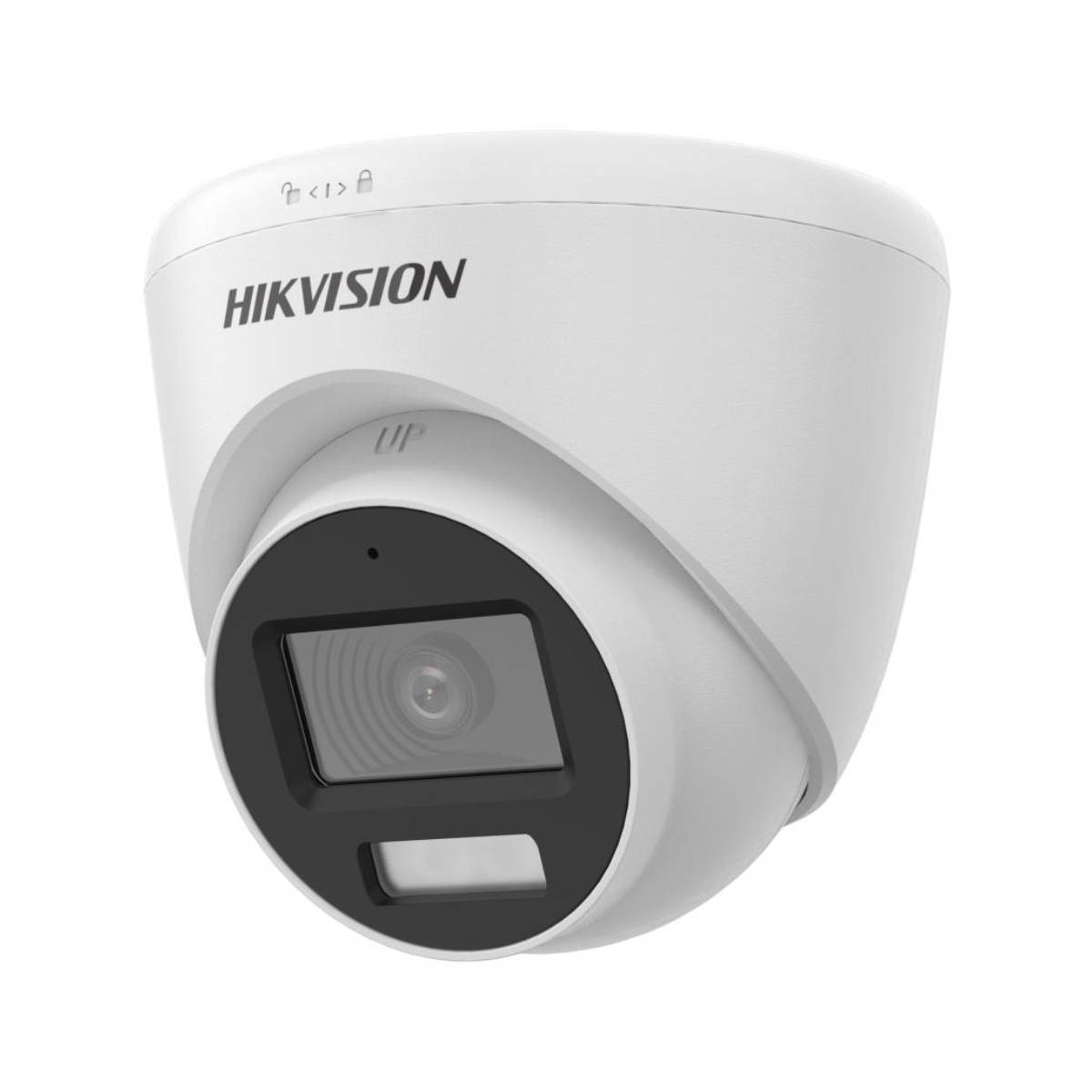 Telecamera di sicurezza Hikvision bianca, con obiettivo nero e sfondo bianco.