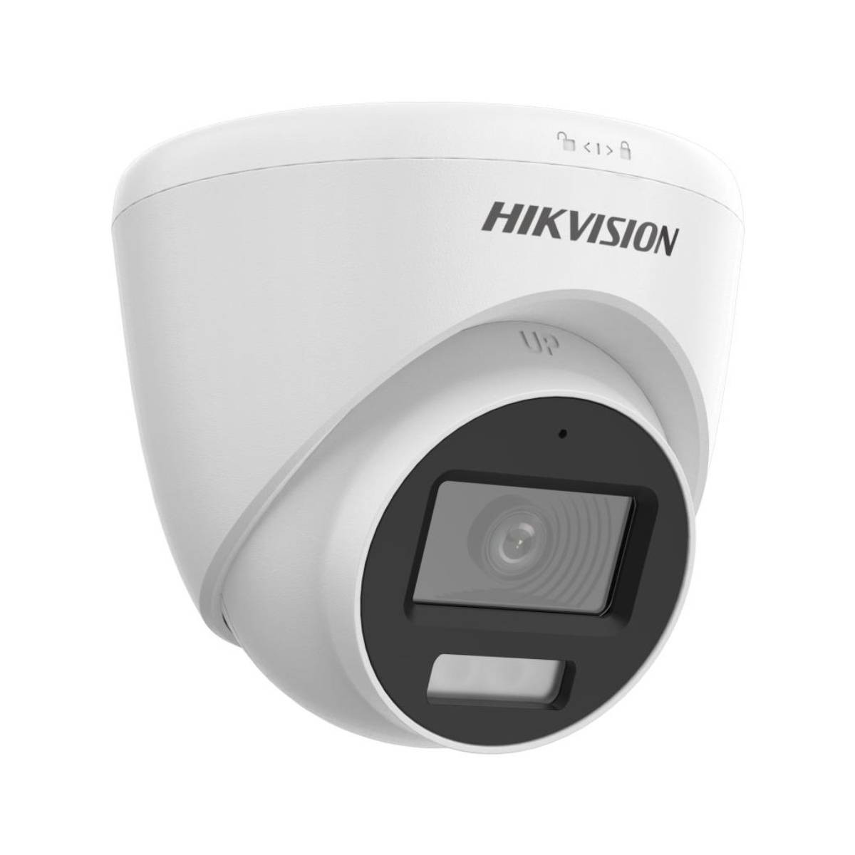 Telecamera di sicurezza a cupola bianca con logo HIKVISION. Vista frontale, con area lente scura.