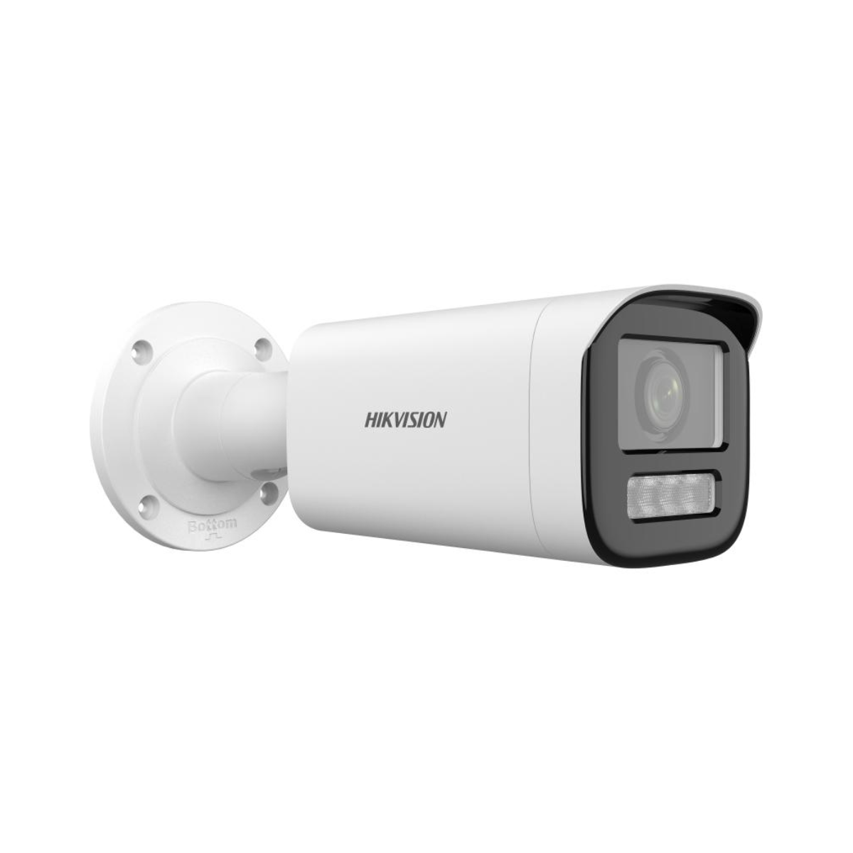 Weiße und schwarze Überwachungskamera mit dem Wort 'HIKVISION'. Weißer Hintergrund.