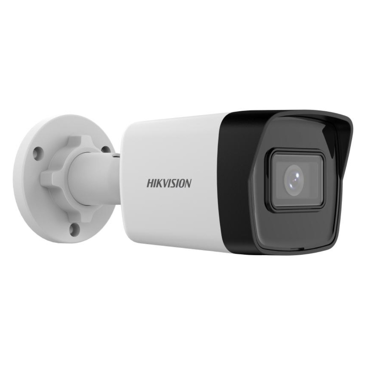 Weiße und schwarze Sicherheitskamera mit dem Wort 'HIKVISION'. Winkelansicht. Weißer Hintergrund.