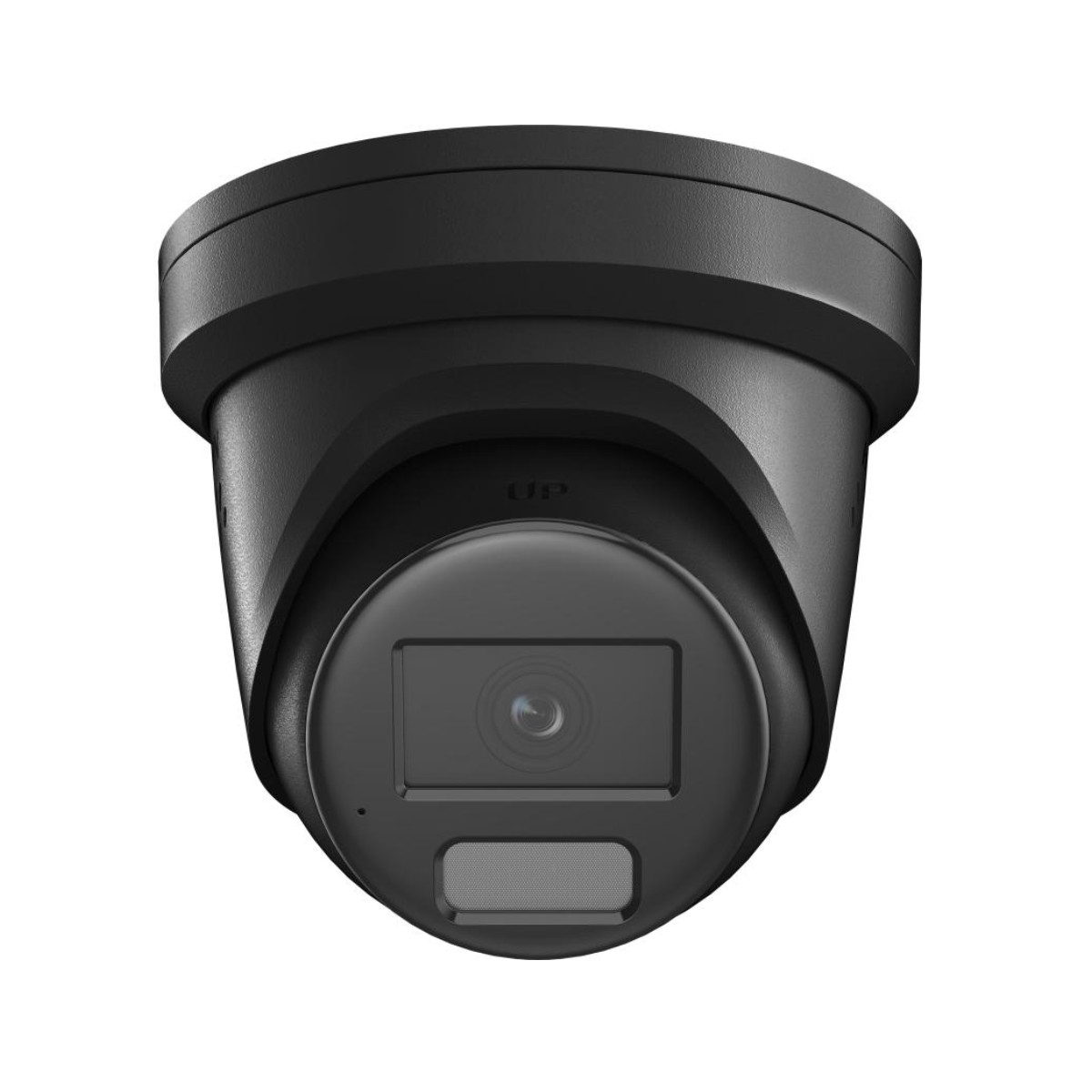 Zwarte dome beveiligingscamera. Het lensgedeelte is rond, met een kleine microfoon en het woord "UP".