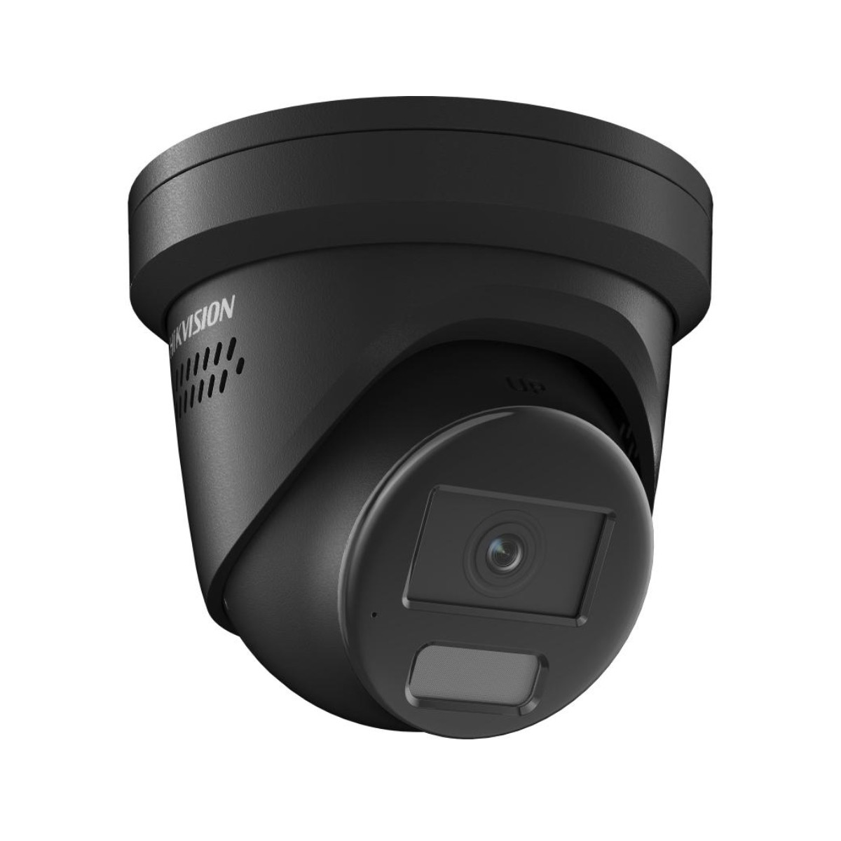 Zwarte dome beveiligingscamera met HIKVISION-logo. Vooraanzicht, met een donkere achtergrond.
