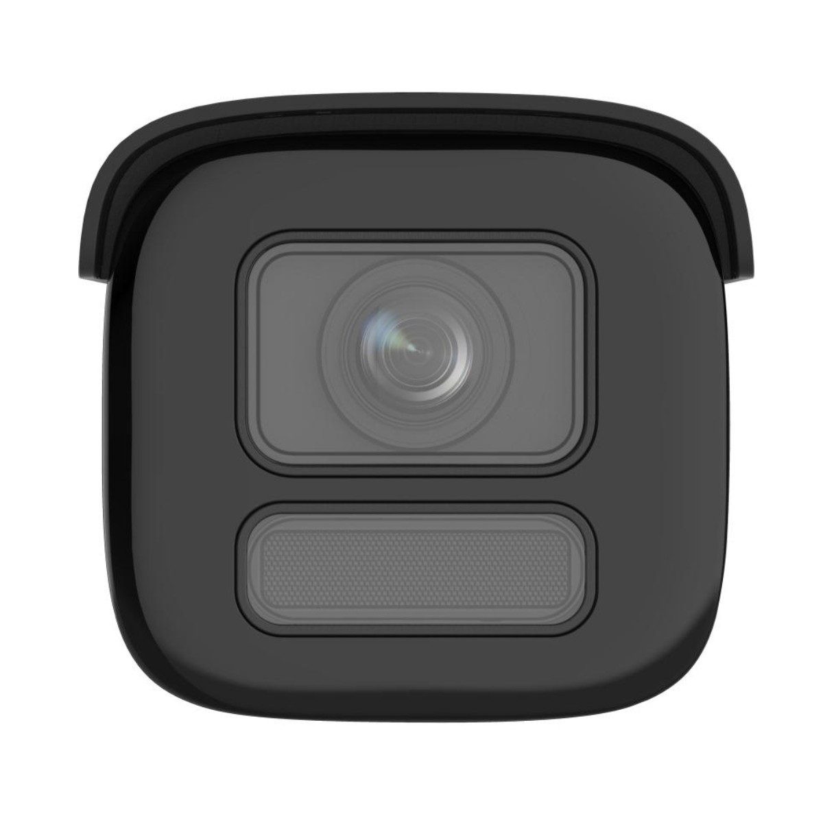 Czarna kamera bezpieczeństwa, kwadratowa, z obiektywem i ciemną ramką.