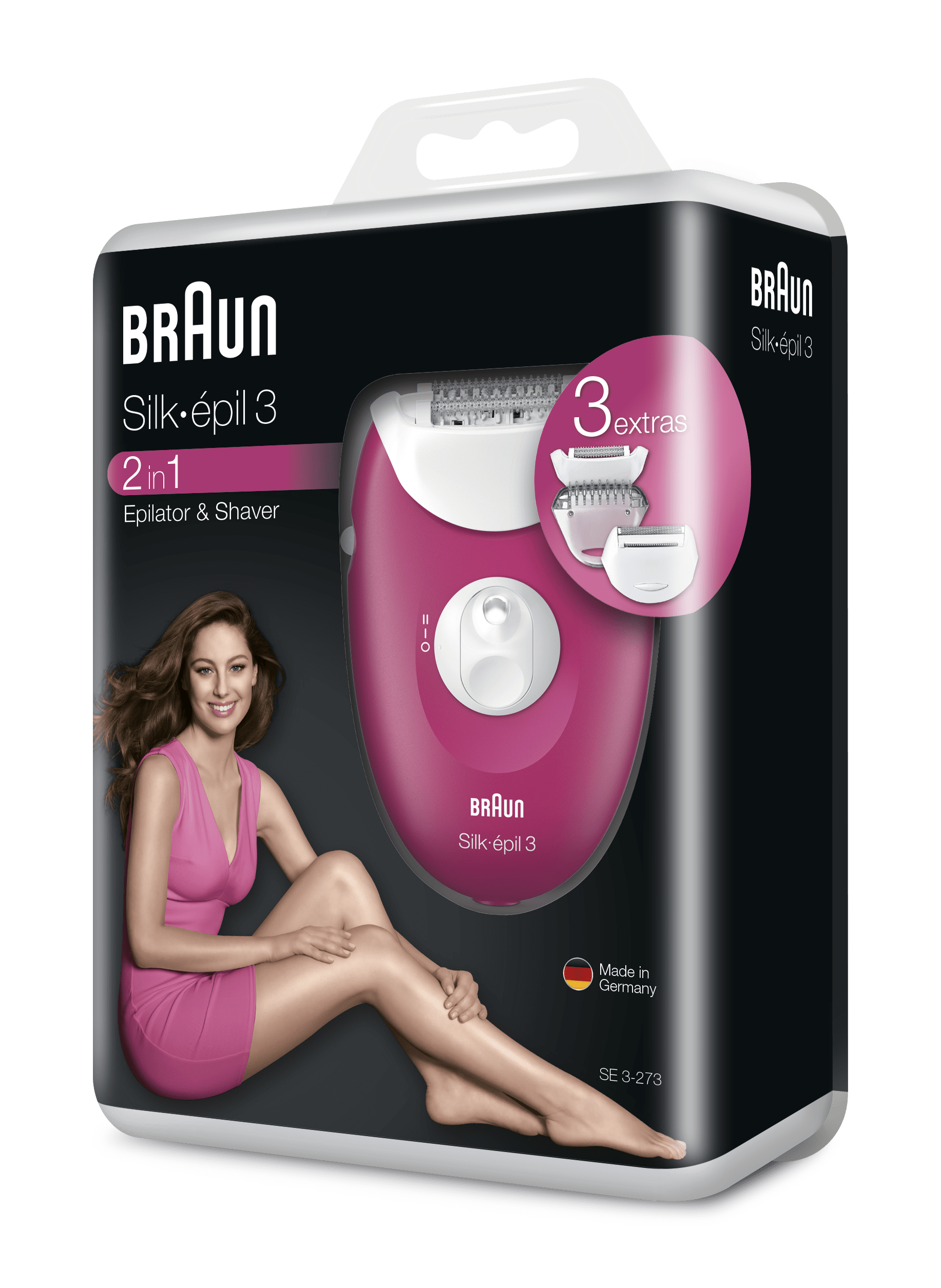 Pembe elbiseli bir kadın ve ürünle birlikte Braun Silk-épil 3 epilatör kutusu.