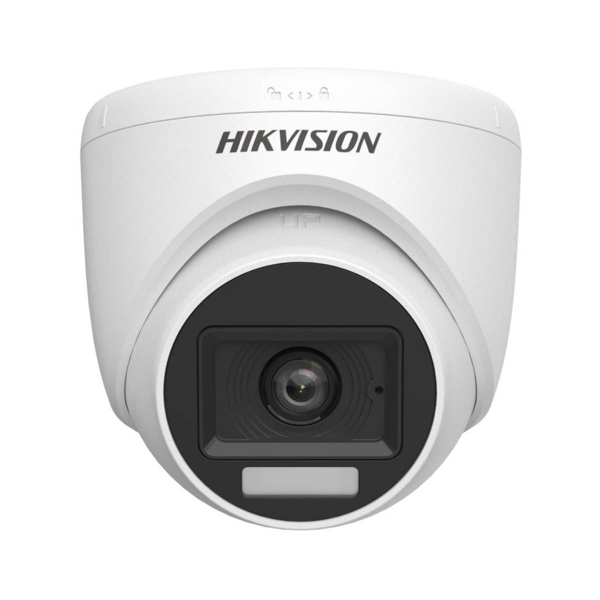 Weiße Hikvision-Überwachungskamera, kuppelförmig, mit schwarzem Objektiv. Vorderansicht.