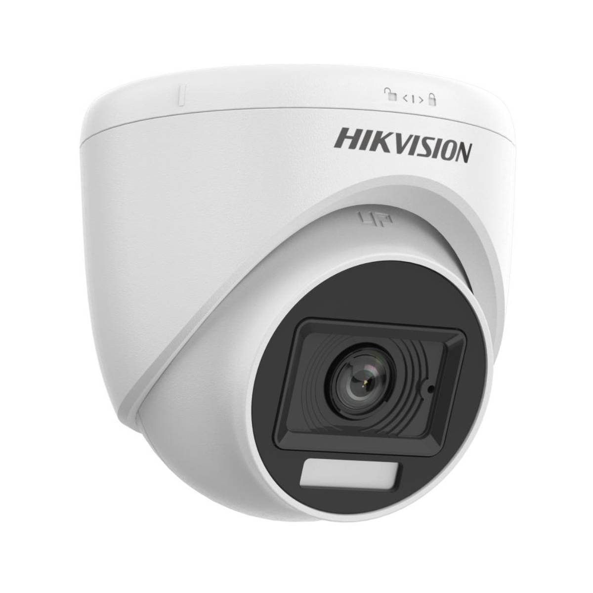 Weiße Hikvision-Überwachungskamera mit dunkler Linse auf weißem Hintergrund.