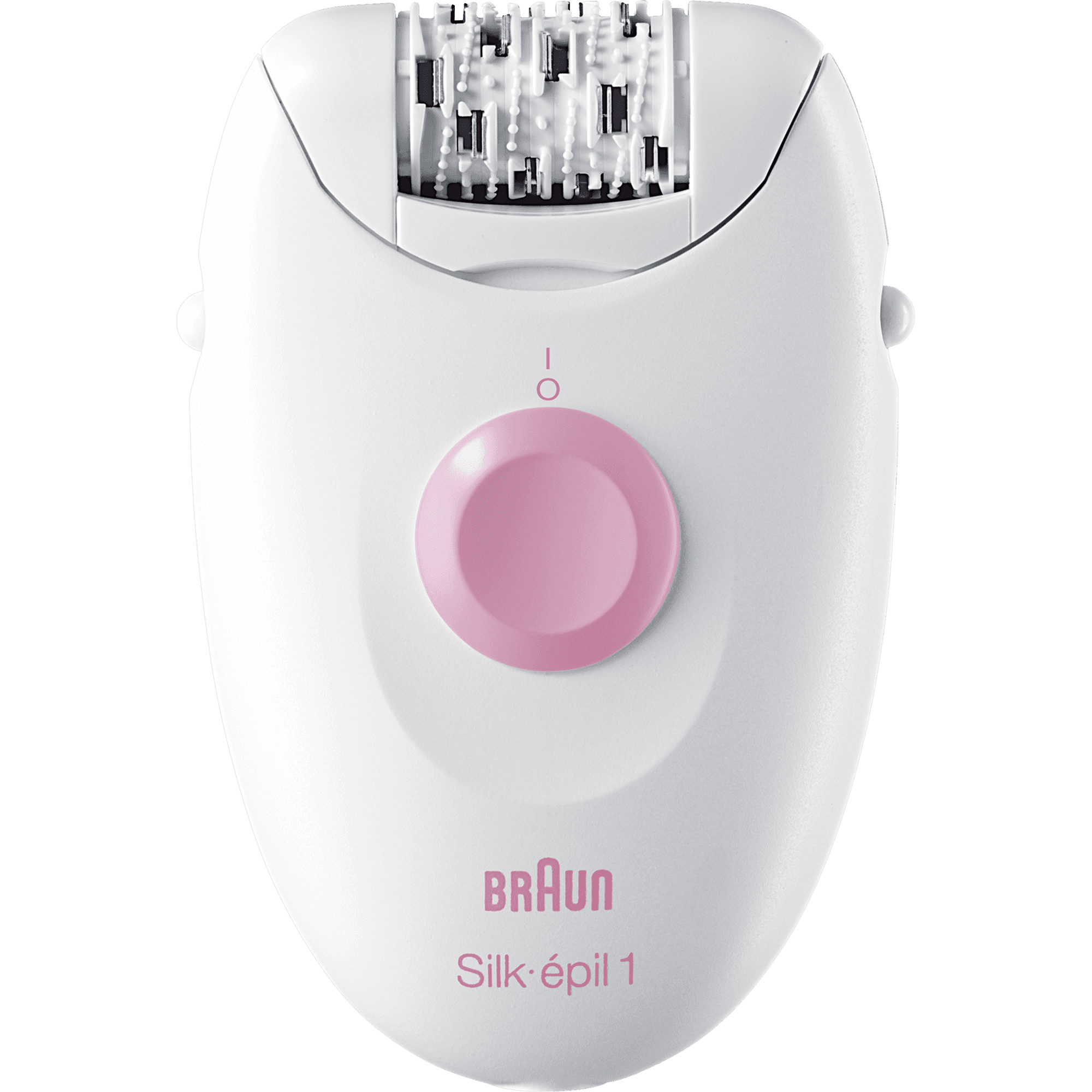 Beyaz Braun Silk-épil 1 epilatör, pembe düğme ve kontrolüyle beyaz zemin üzerinde.
