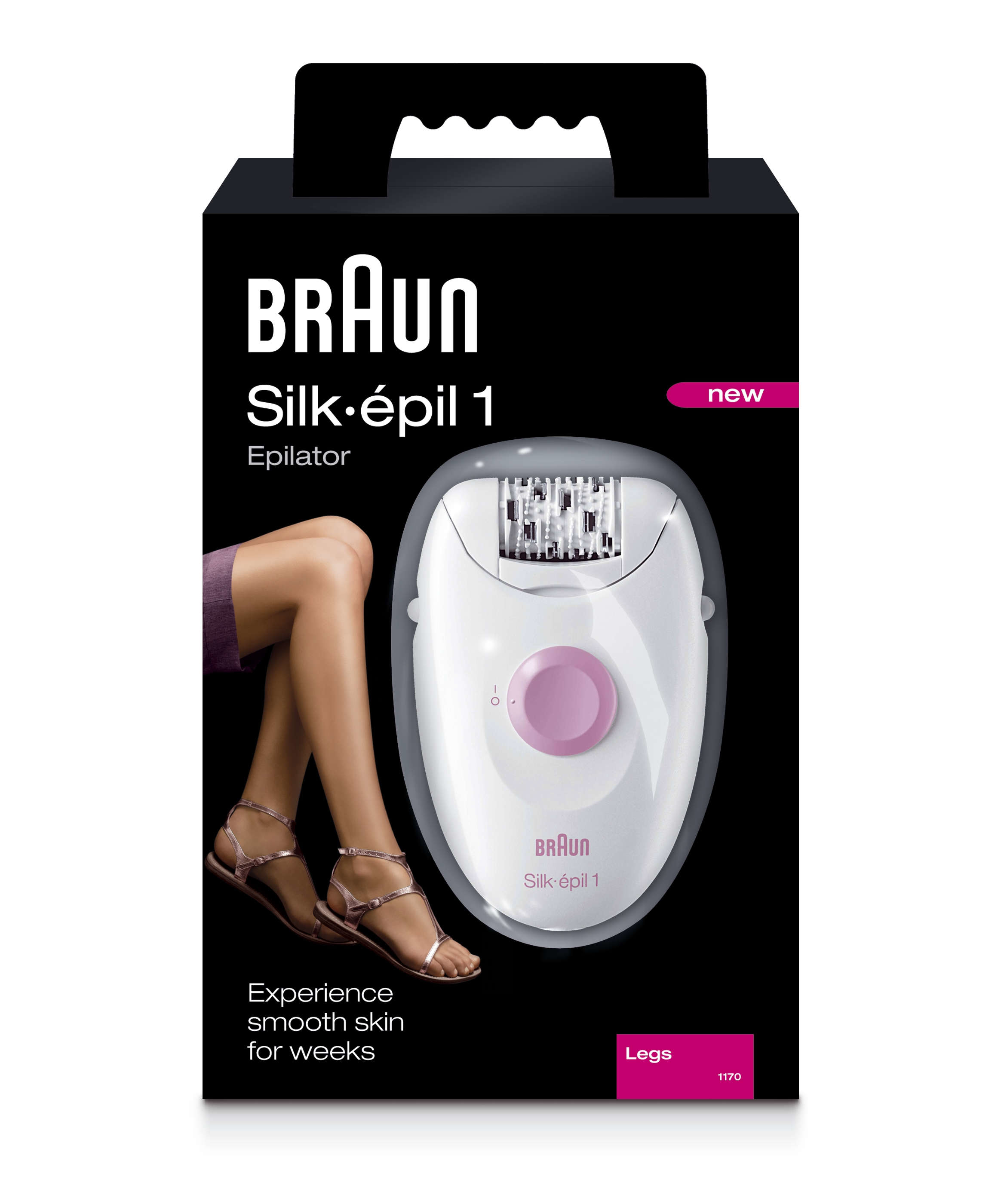 Bacak ve epilatör görseli olan bir Braun Silk-épil 1 epilatör kutusu.