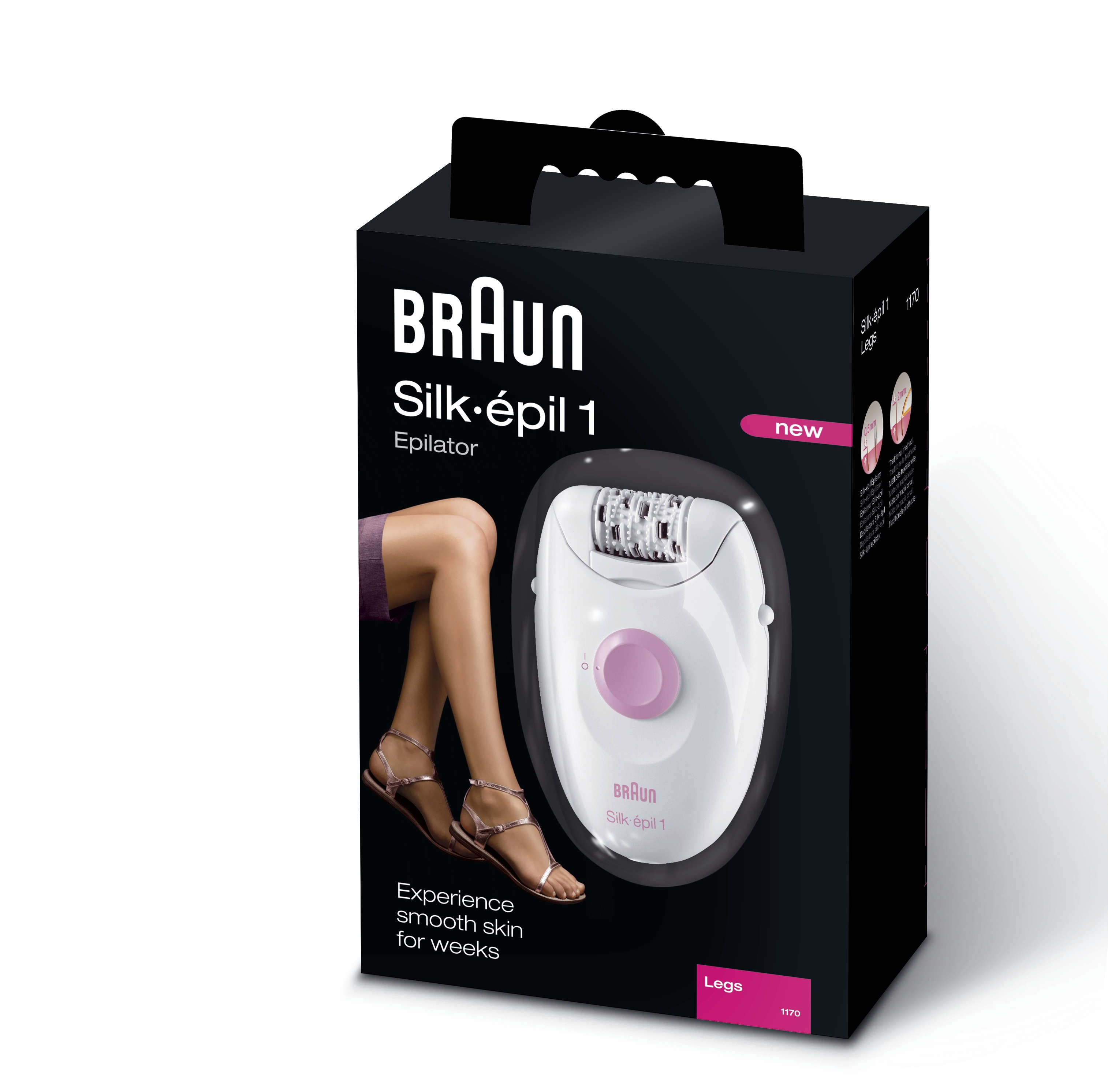 Bir Braun Silk-épil 1 epilatör kutusu, bir kadın ve epilatör ile.