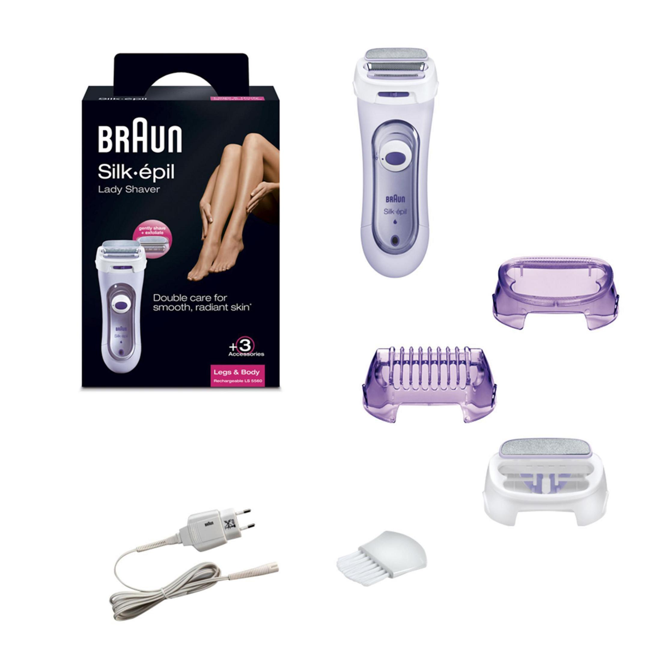 Zestaw Braun Silk-épil Lady Shaver z golarką i akcesoriami. Biały i fioletowy. Podwójna pielęgnacja.