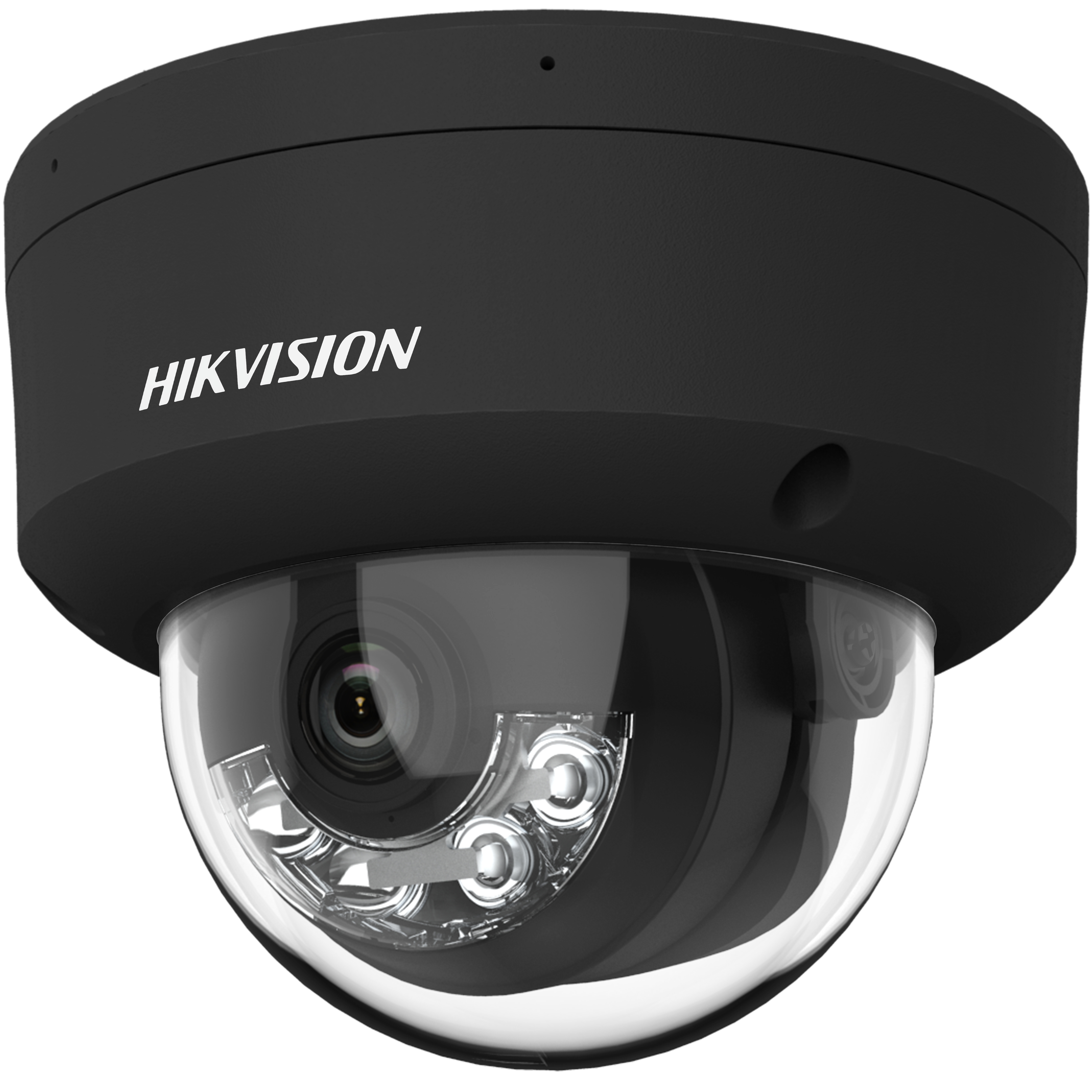 Telecamera di sicurezza a cupola Hikvision nera. Lente a cupola trasparente con tre luci. Testo Hikvision bianco.