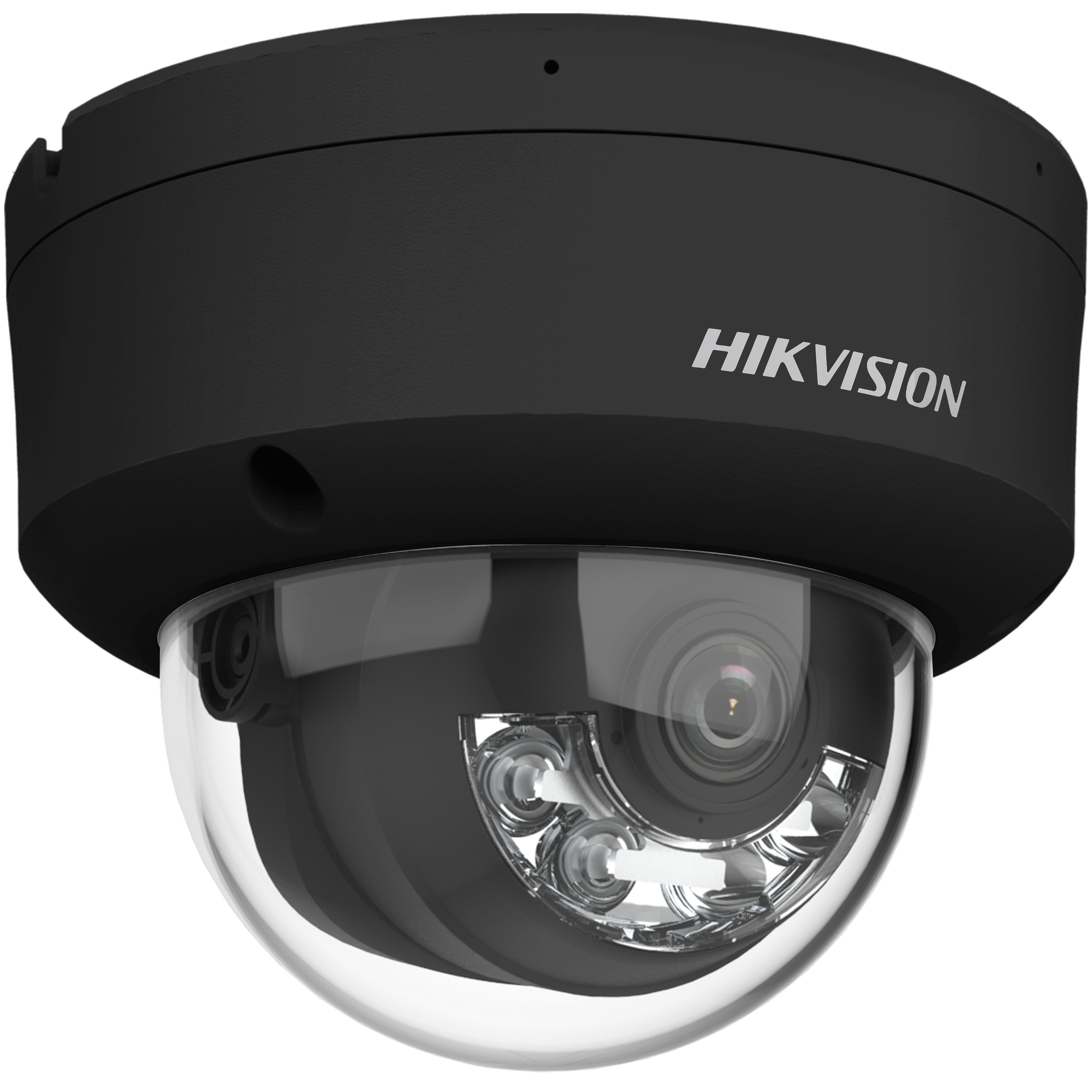Telecamera di sicurezza a cupola Hikvision nera.
