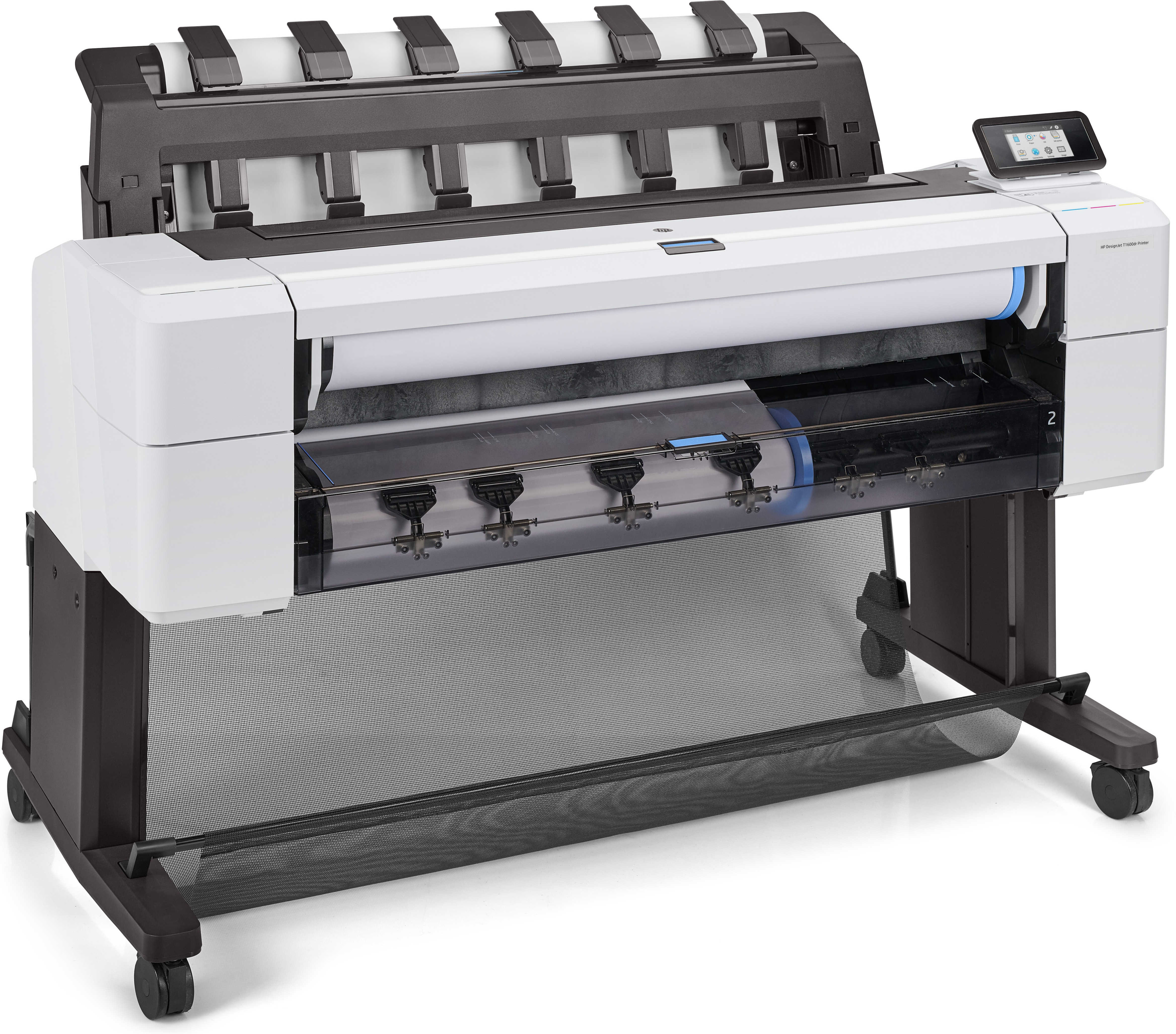 Witte HP-printer met een zwarte standaard. Het papier rolt uit. Hij heeft een touchscreen display.