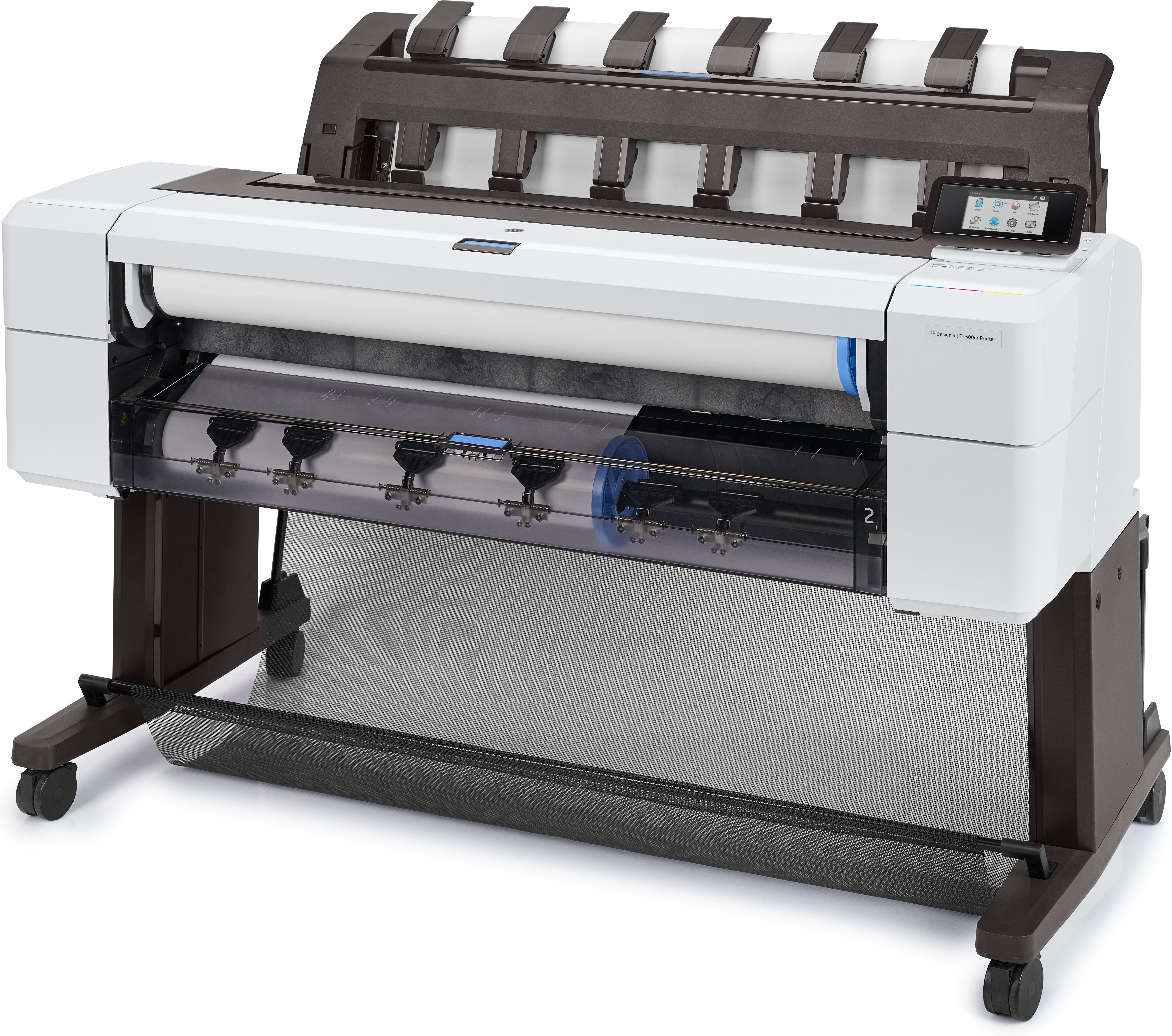 Witte HP-printer, zwarte standaard en papierrol. De printer heeft een touchscreen. Papier komt uit de printer.