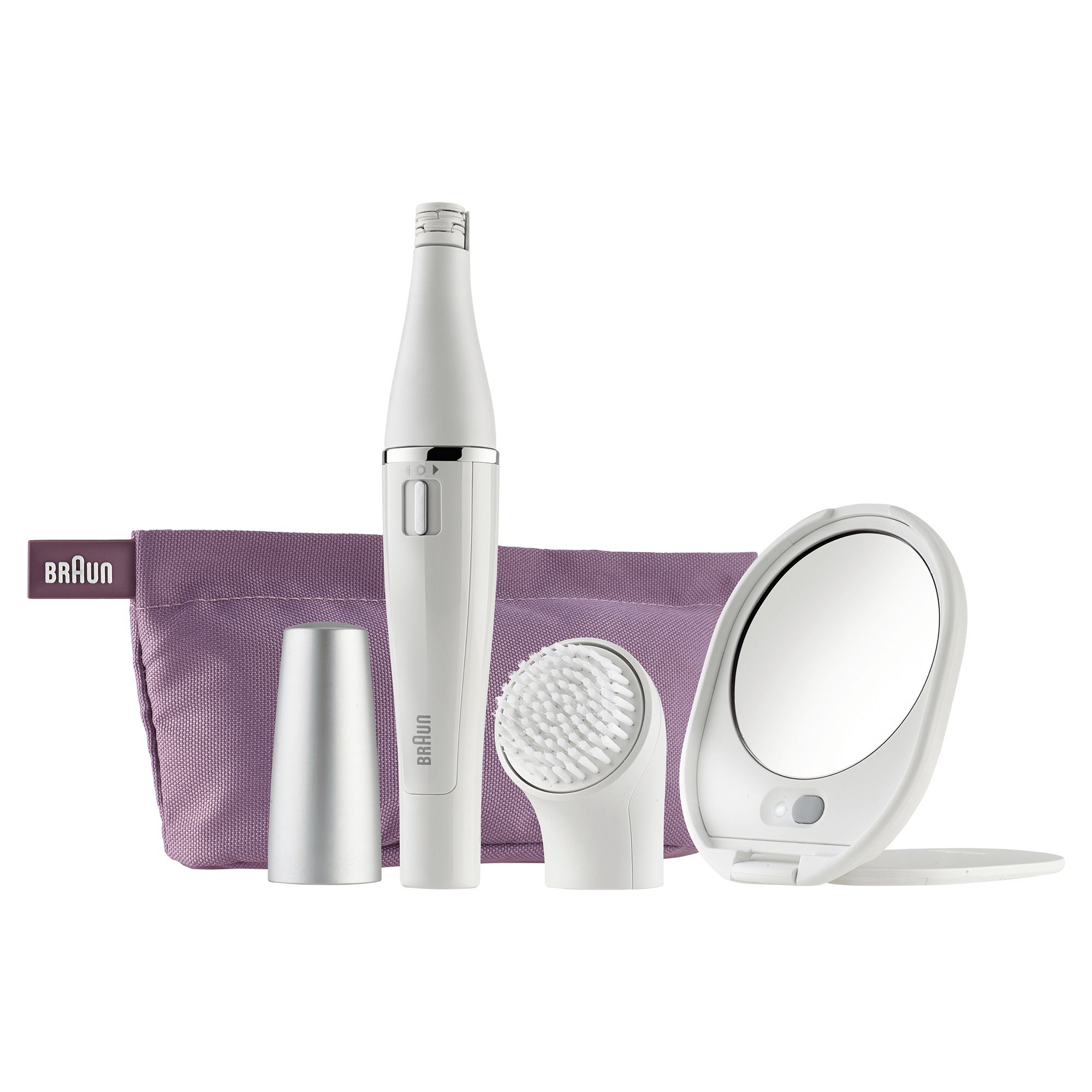 Ein Beauty-Kit mit Artikeln wie Bürste, Spiegel und einer lila Tasche.