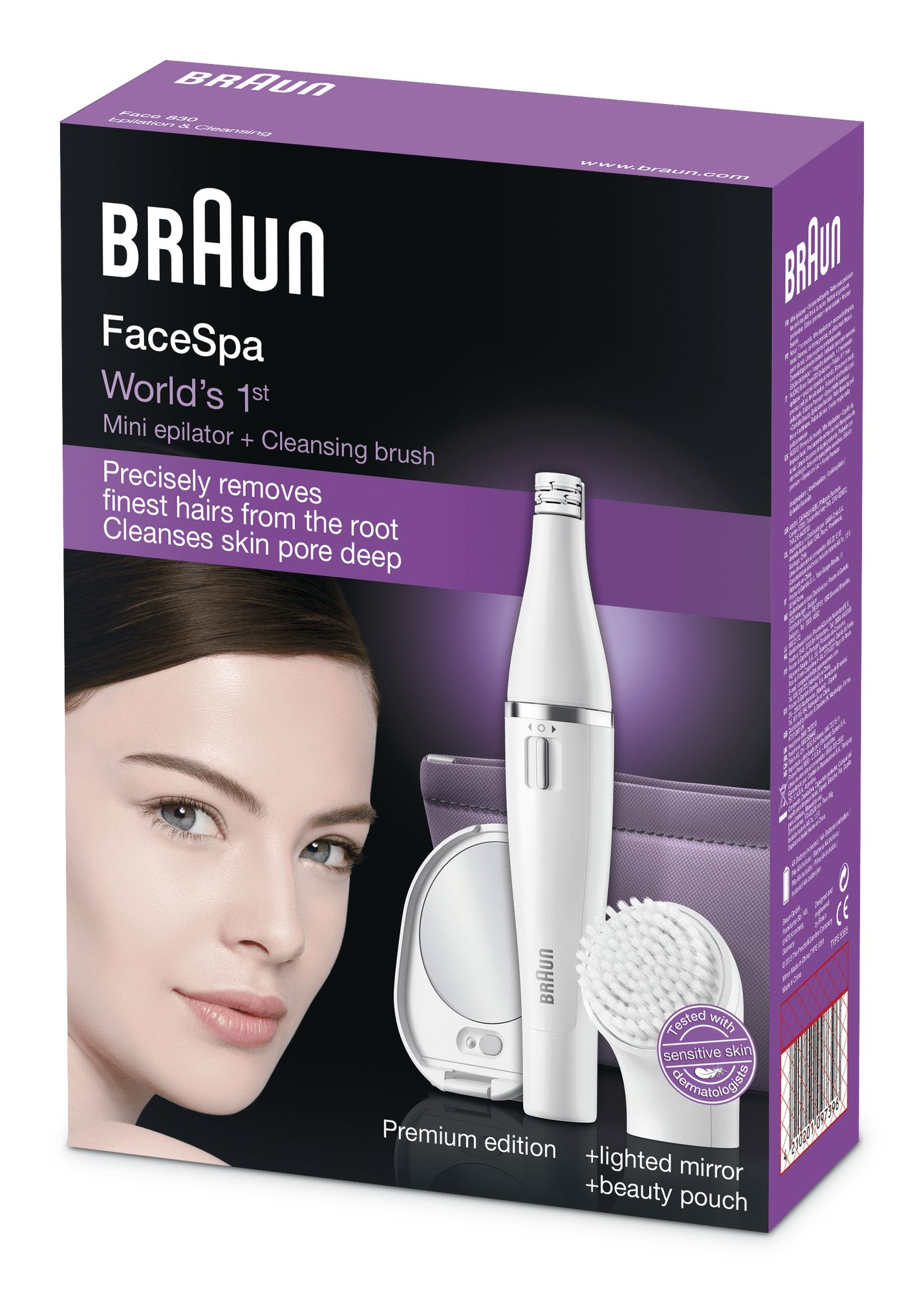 Weiße Braun FaceSpa Box, mit dem Gesicht einer Frau. Lila und weiße Farben.