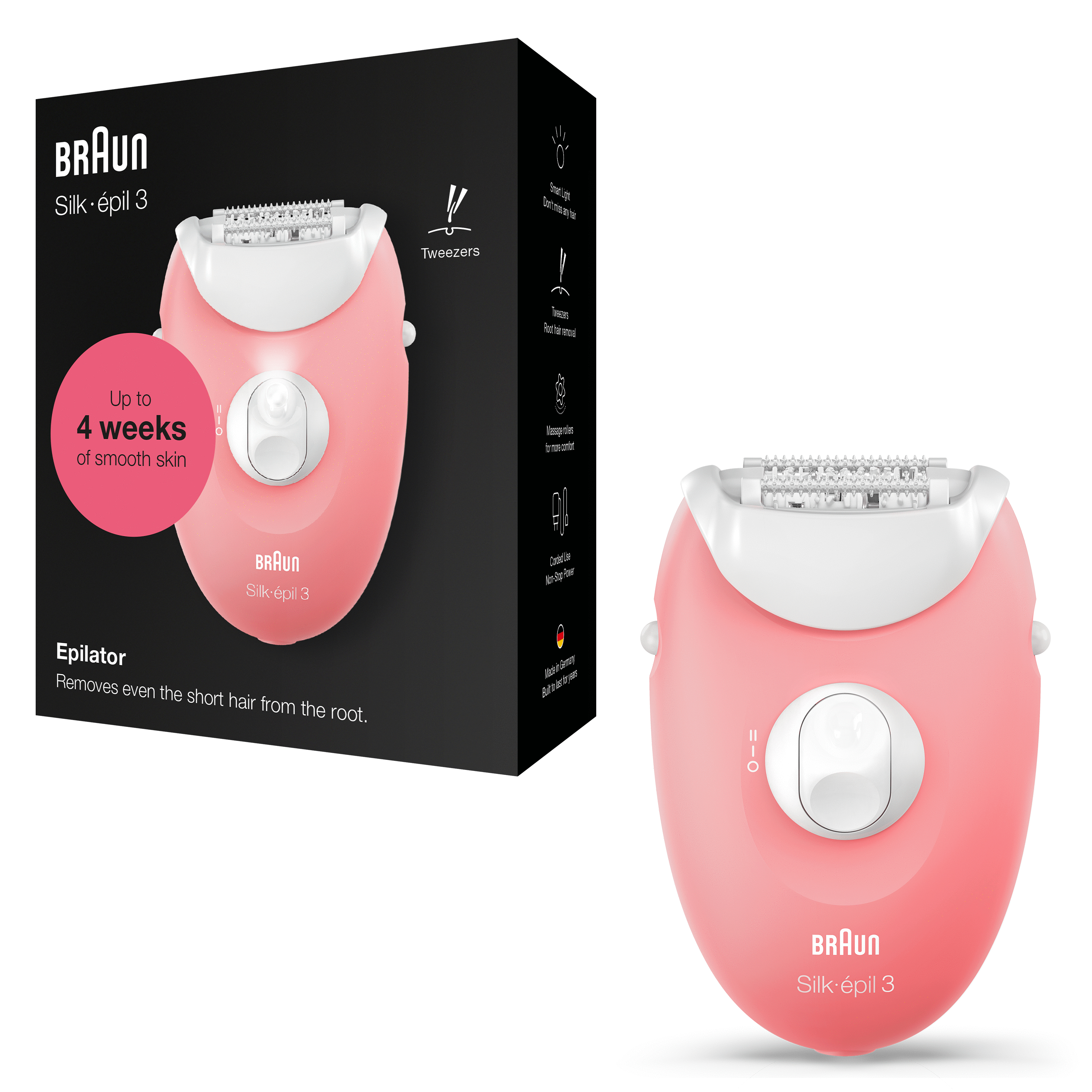 Różowy depilator Braun Silk-épil 3 i jego pudełko. Białe tło.