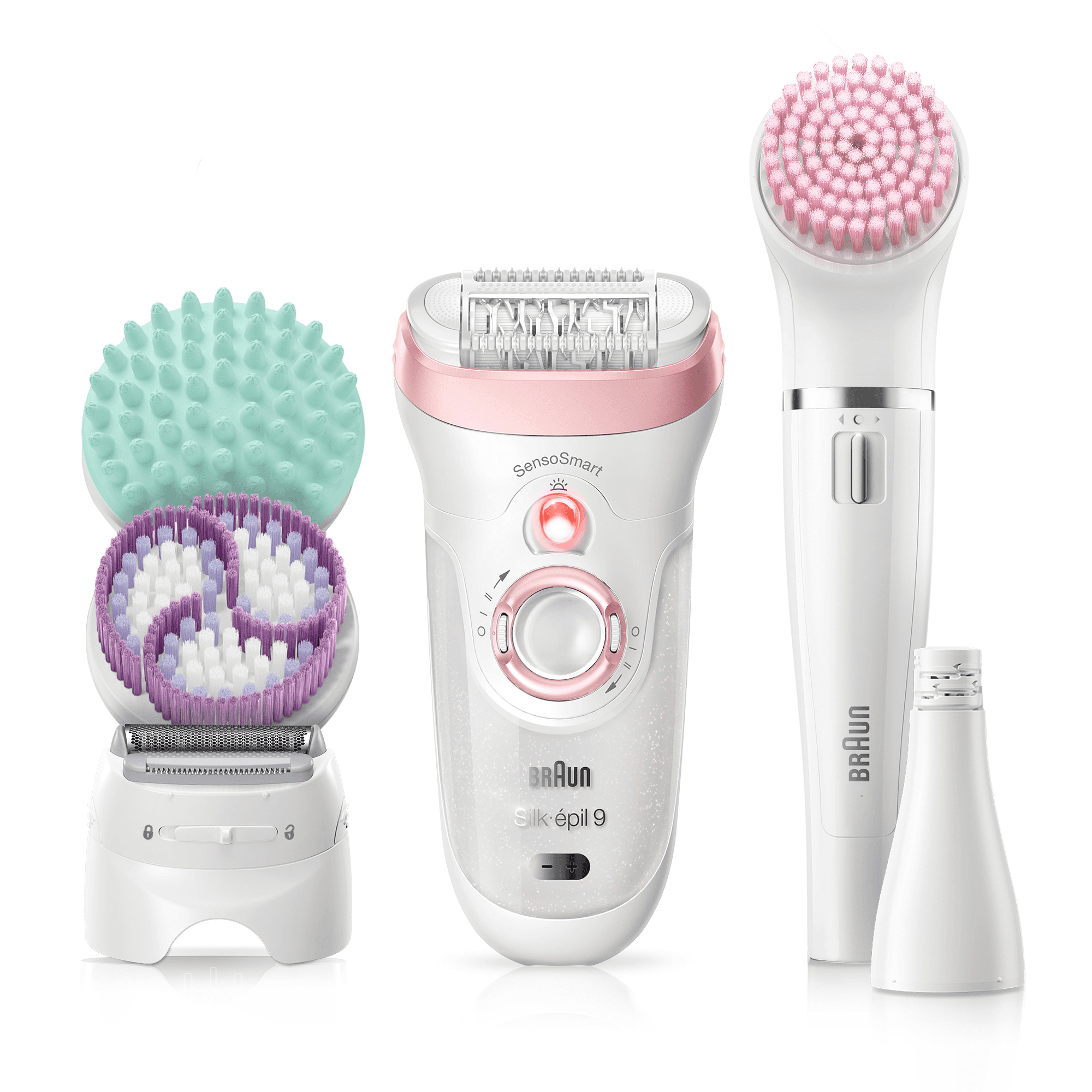 Set epilatore Braun con accessori multipli e cerchio rosa sullo sfondo.