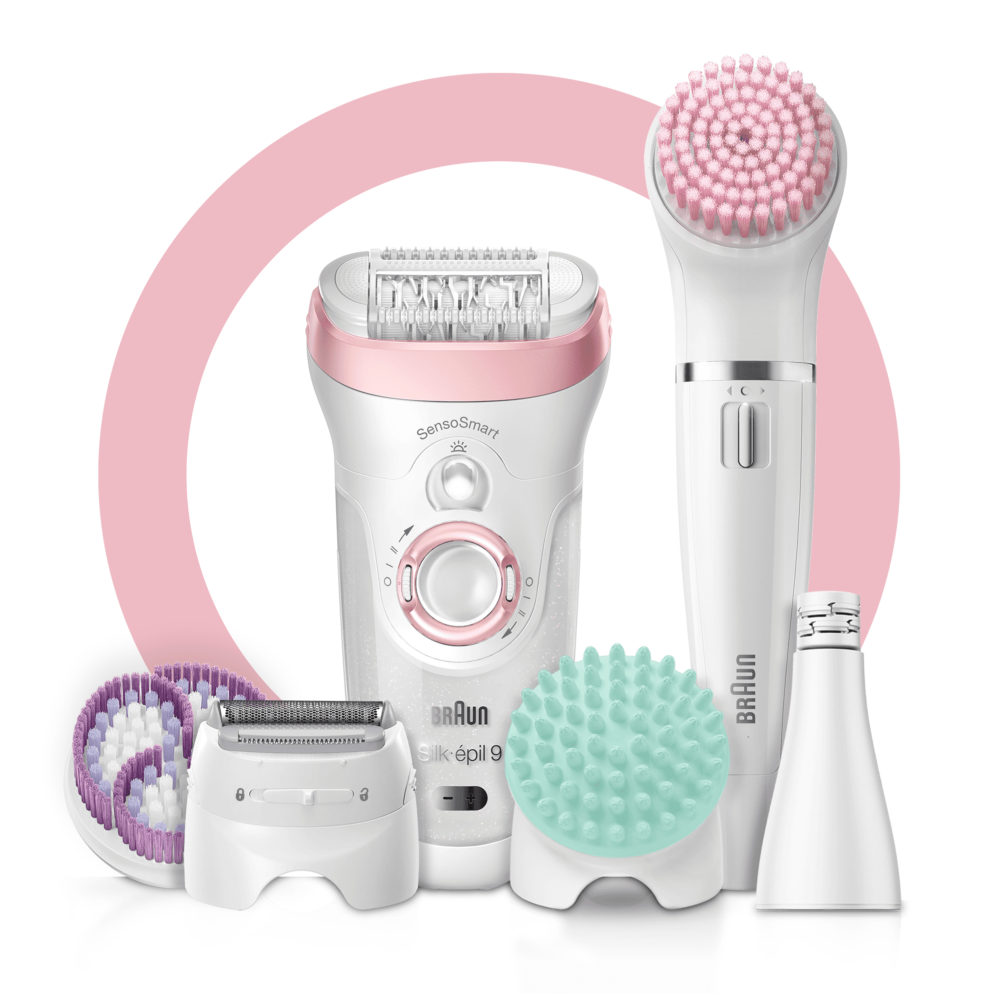 Set epilatore Braun con accessori multipli e cerchio rosa sullo sfondo.
