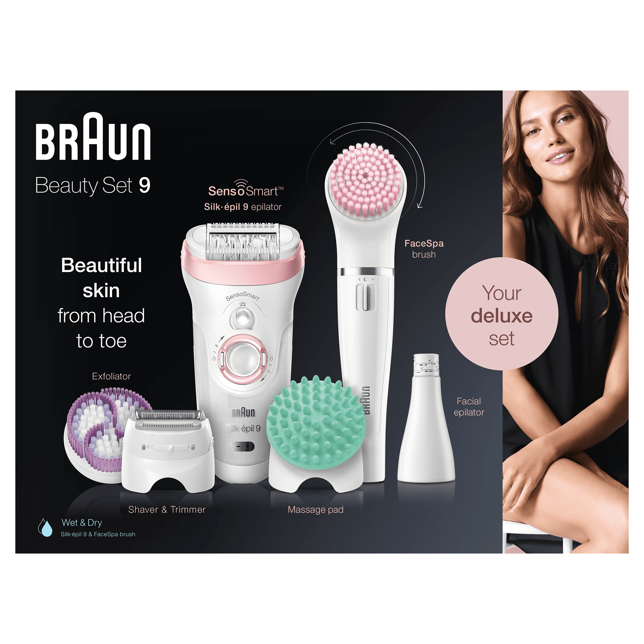 Set bellezza Braun con accessori multipli e una donna che guarda da destra.
