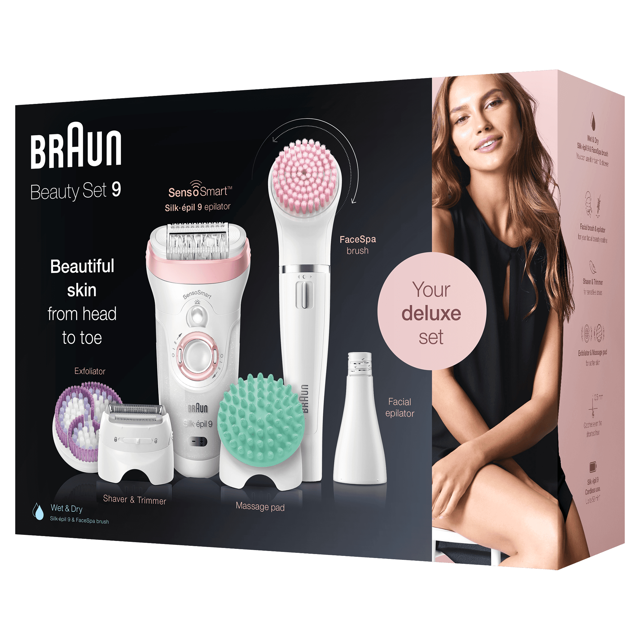 La scatola Braun Beauty Set 9 mostra i componenti del set, una donna è sul lato destro.