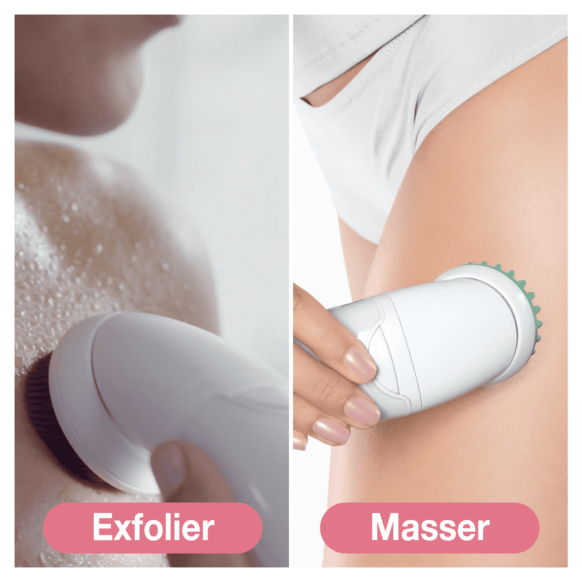 Due immagini che mostrano una donna che usa l'epilatore Braun. Uno esfolia, l'altro massaggia.