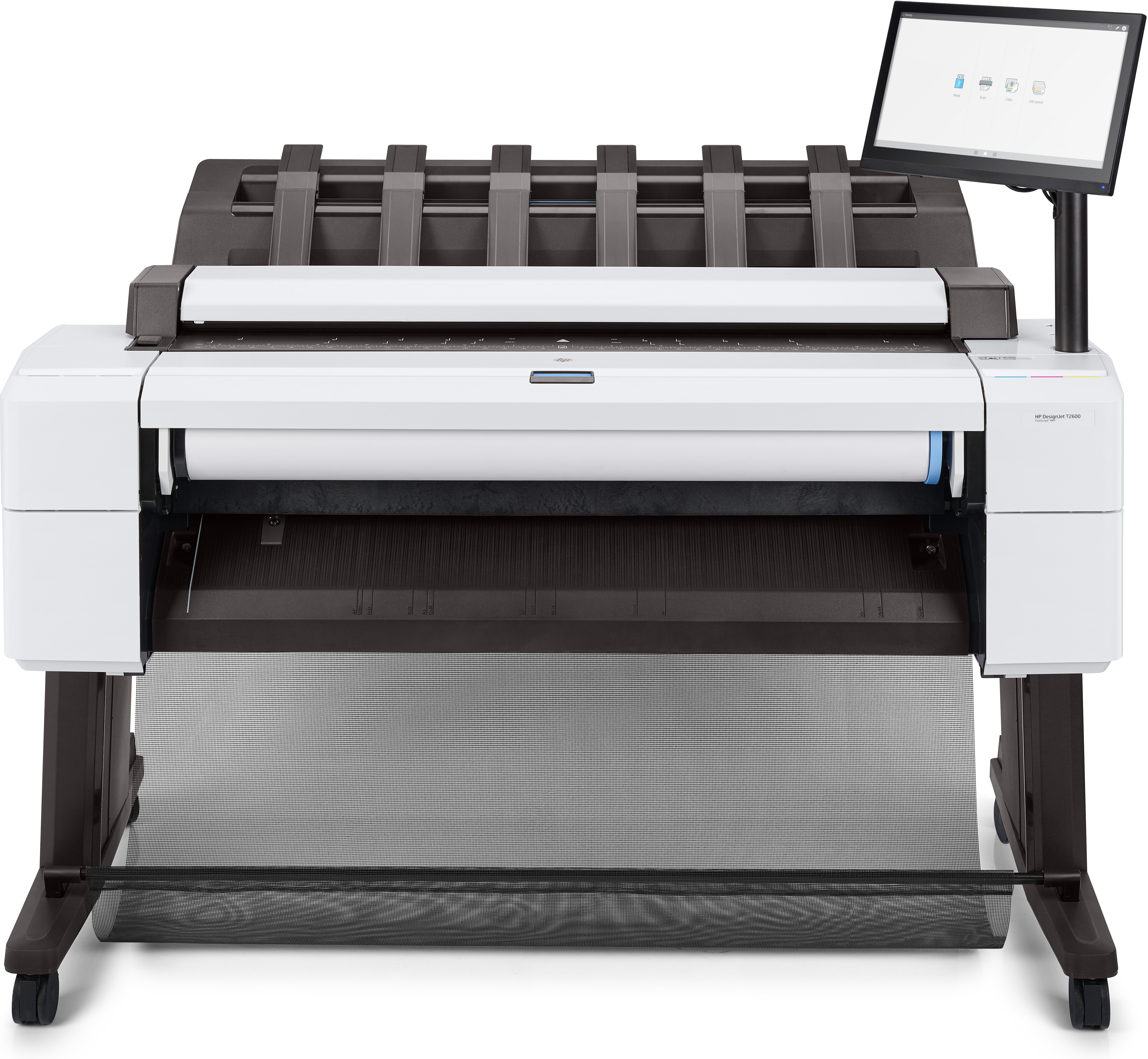 Grande stampante HP. Design bianco e nero. Carta visibile, touchscreen in alto.