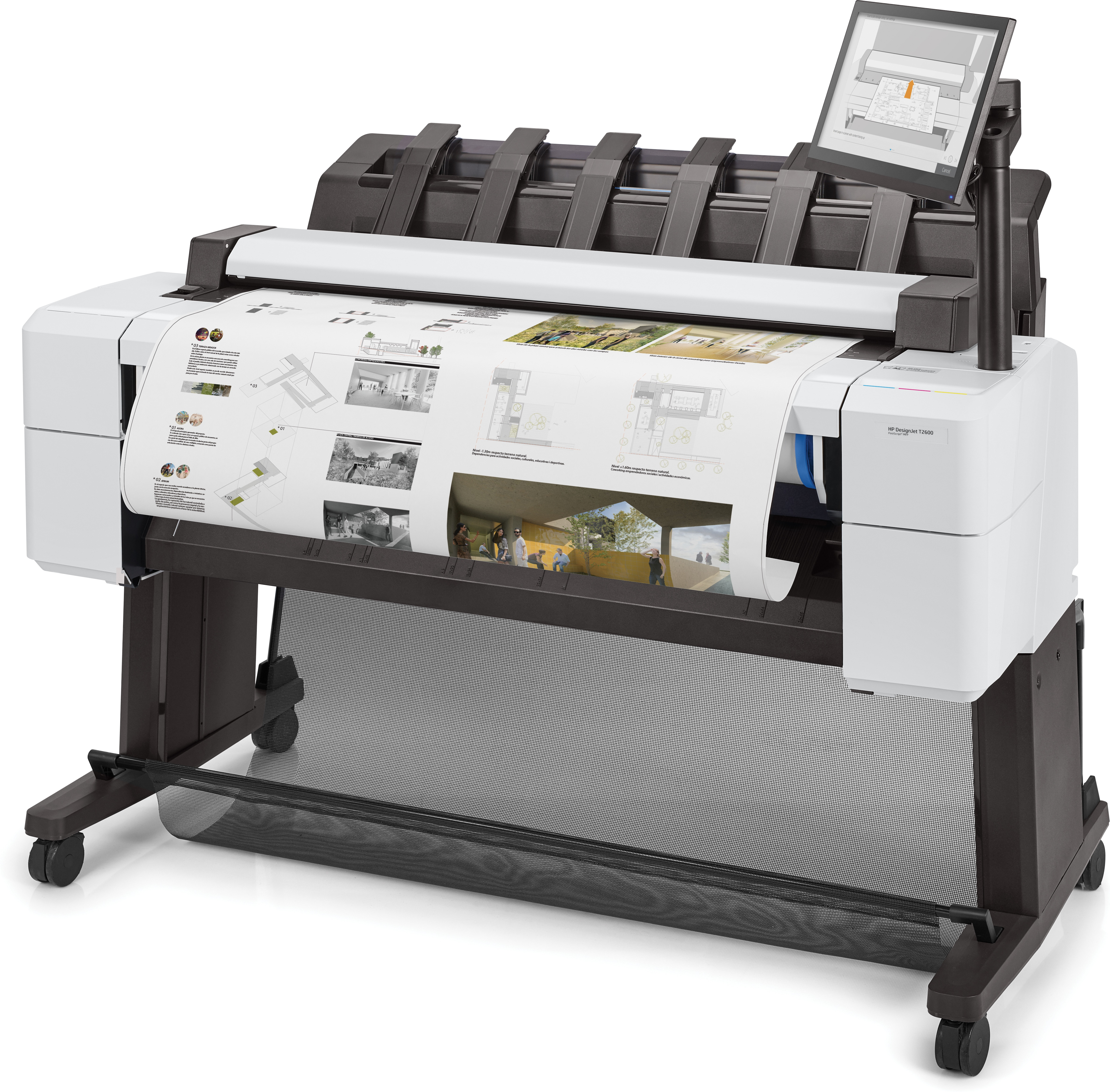 Grote printer met afgedrukte architectuurplannen. Scherm is zichtbaar bovenop.