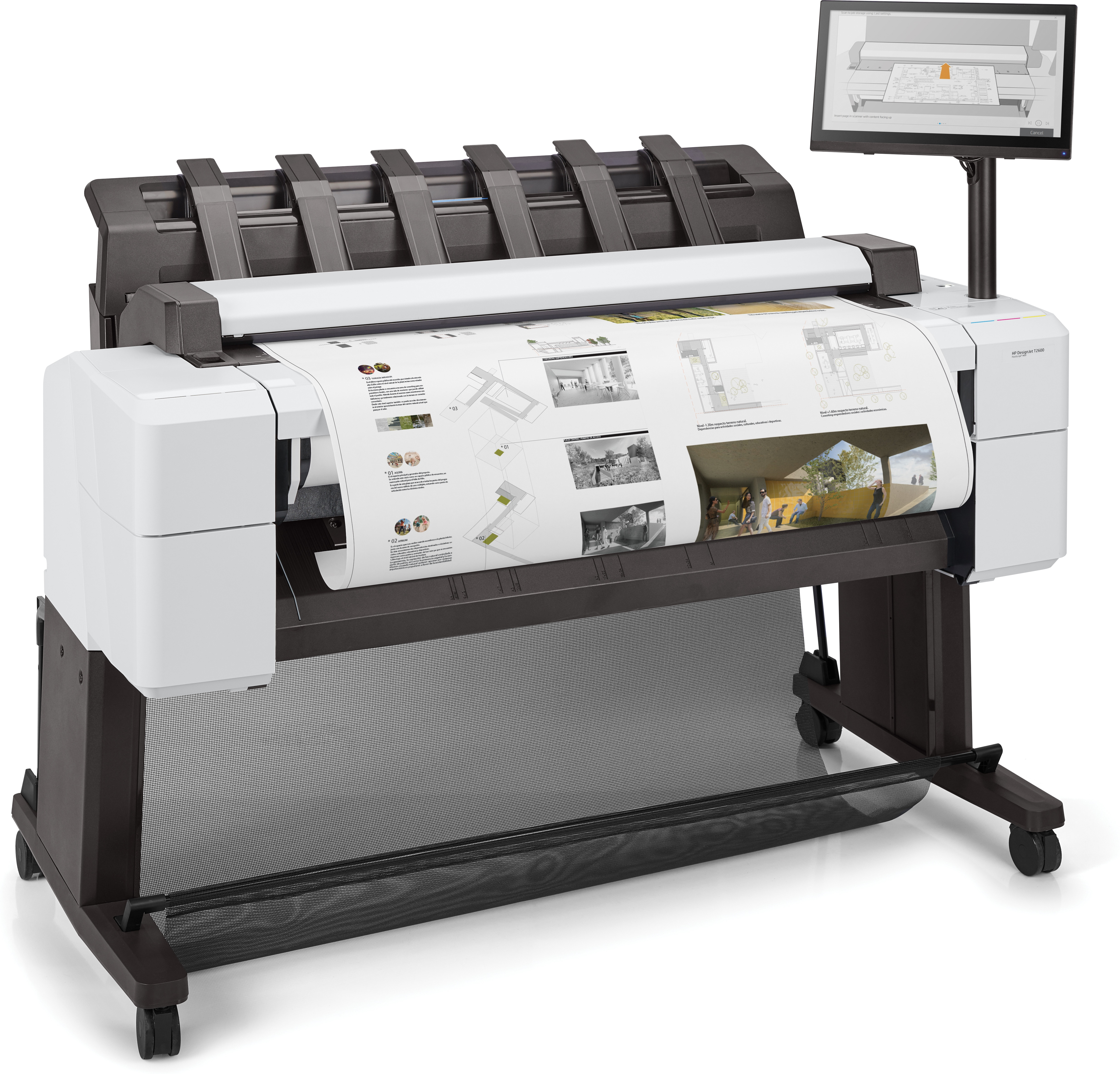 Een grootformaatprinter met een document dat wordt afgedrukt. Een scherm toont een plattegrond.