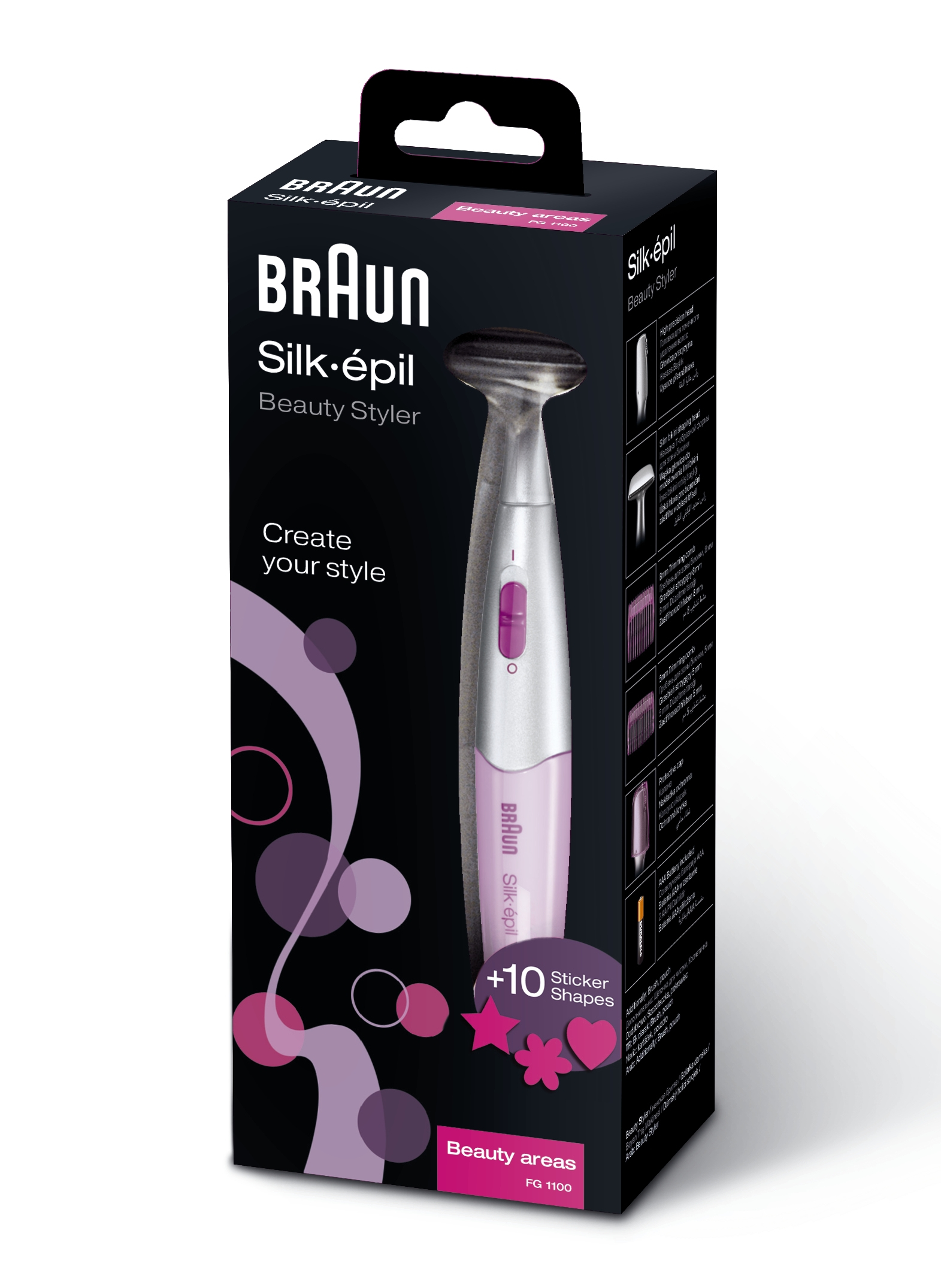 Scatola Braun Silk-épil Beauty Styler. Colori nero, rosa e bianco. Lo sfondo è bianco.