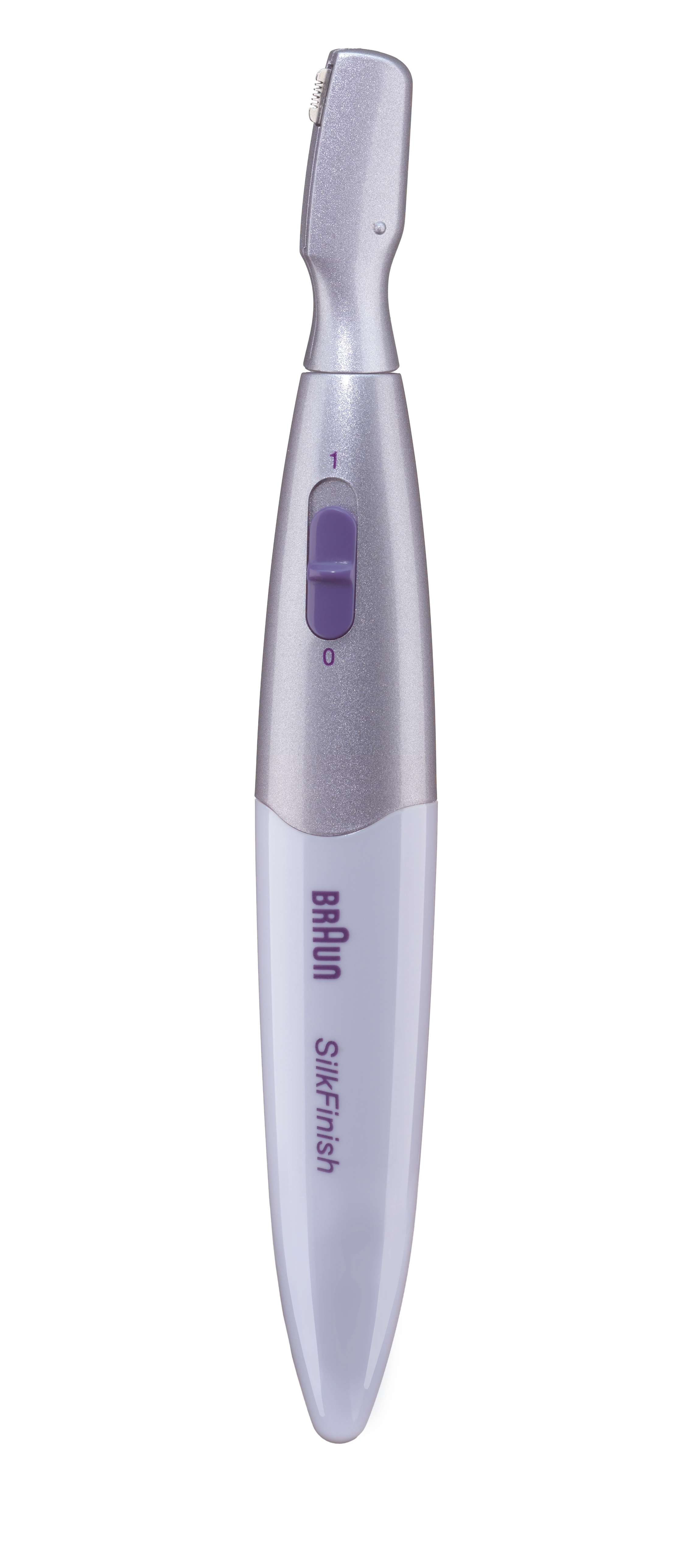 Strumento per la rimozione dei peli Braun SilkFinish, bianco e argento, pulsante viola.