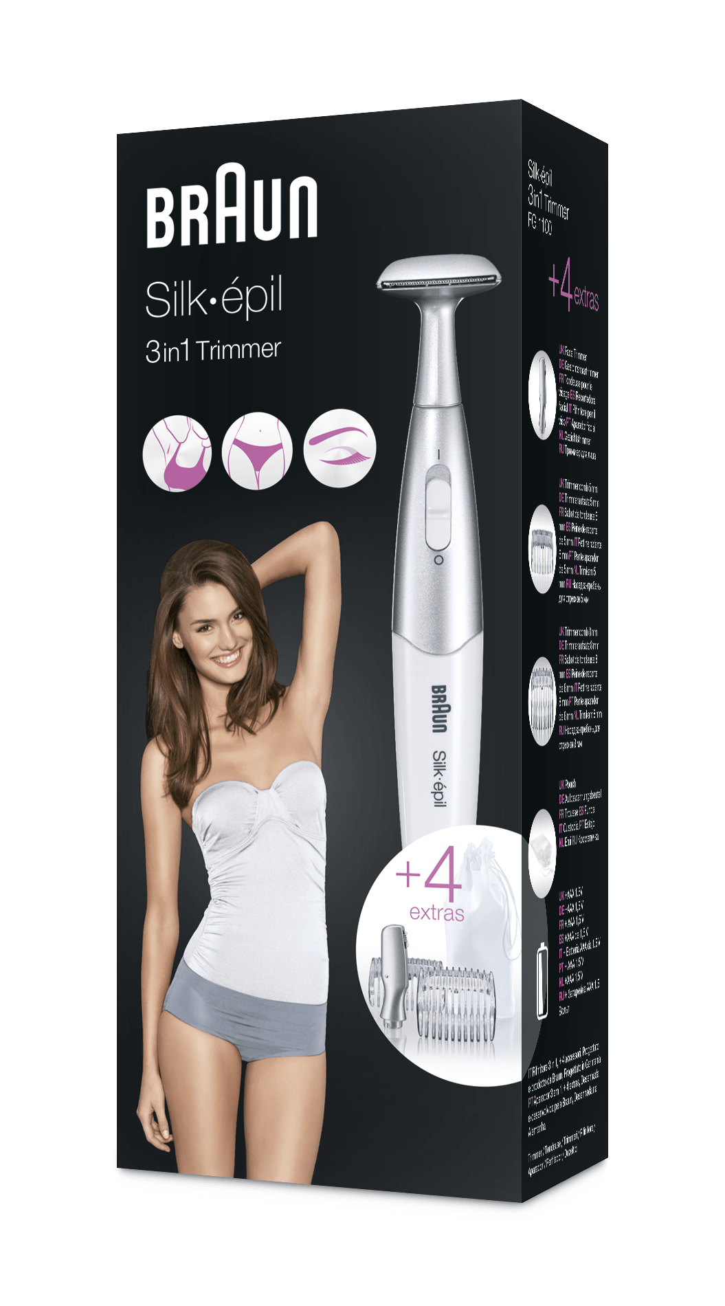 Bir kadın ve ürün detayları ile bir Braun Silk-épil 3'ü 1 arada düzeltici kutusu. Arka plan siyahtır.