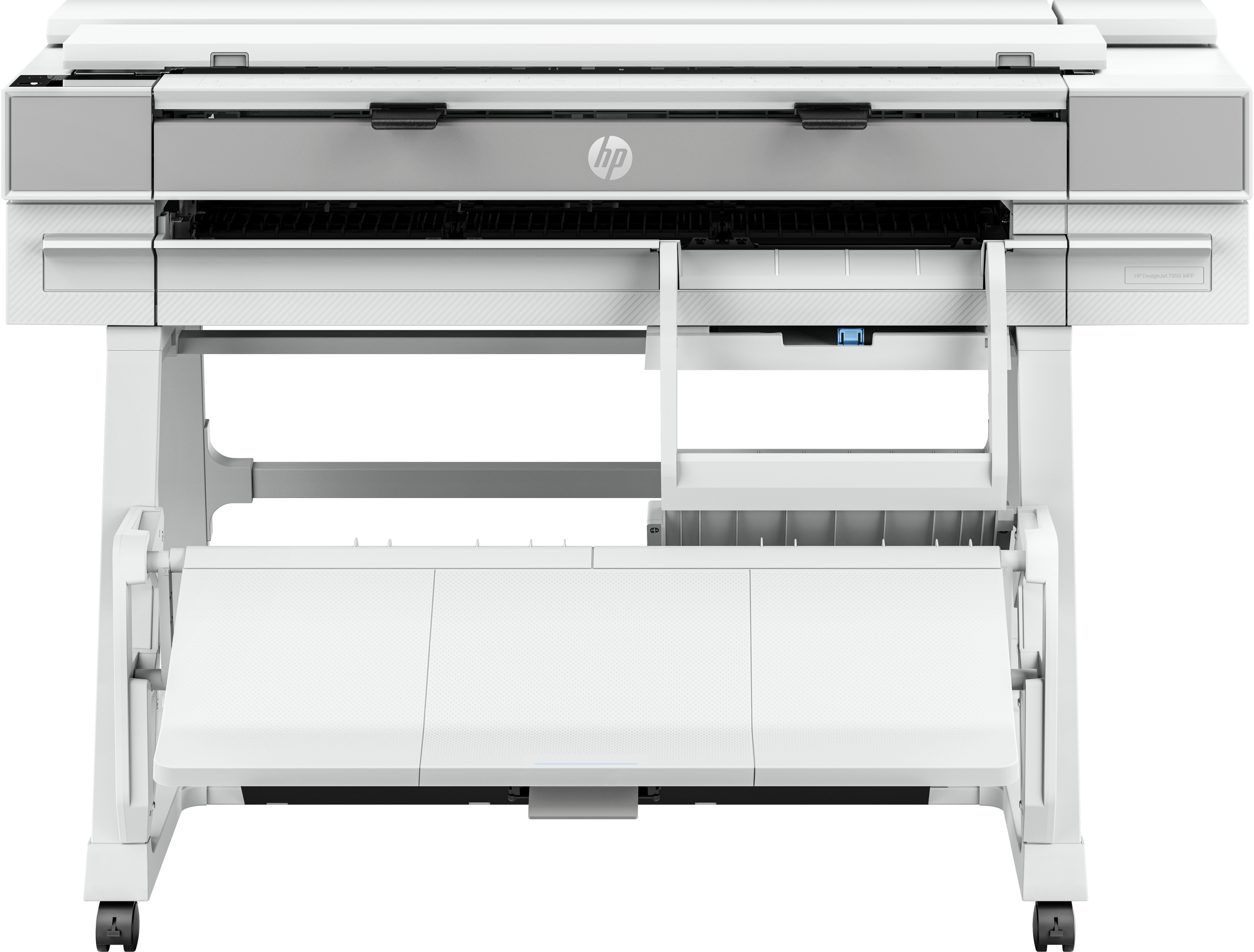 Une imprimante HP blanche et grise sur un support blanc. L'imprimante a un bac, et des rouleaux sont visibles.