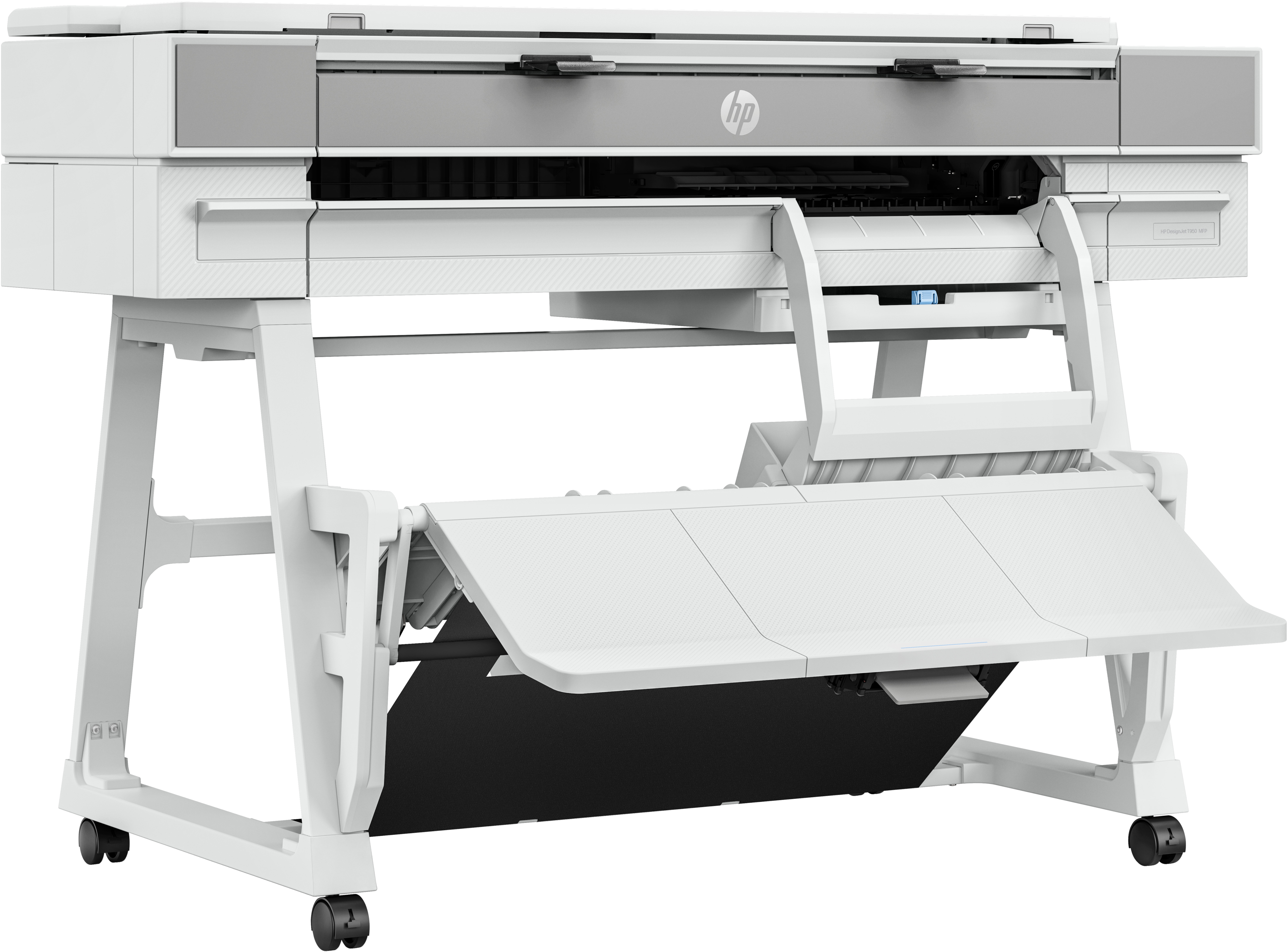 Imprimante grand format HP blanche sur un support blanc.