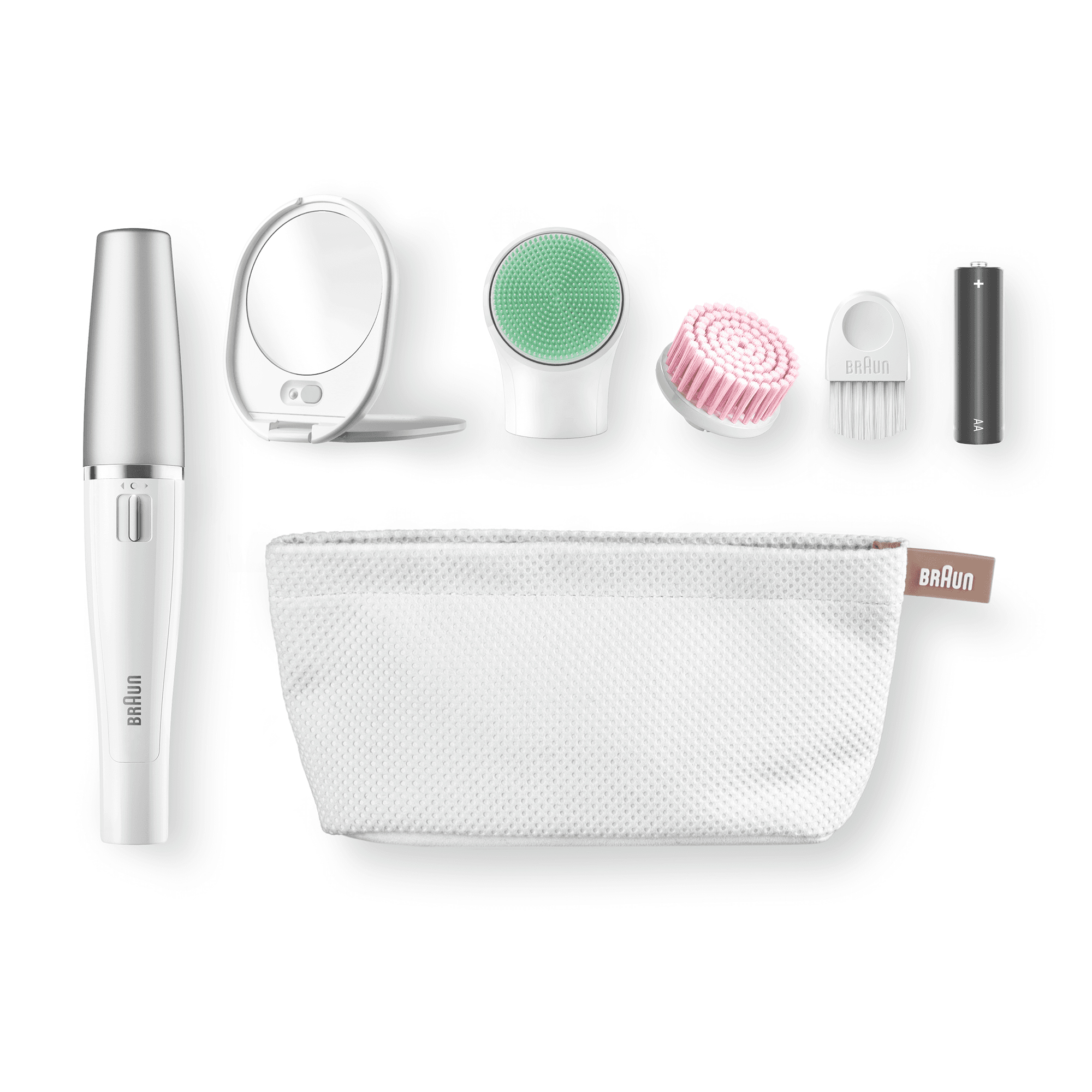 Biały zestaw do oczyszczania twarzy z wieloma elementami: szczotka, lusterko, baterie, torba. Białe tło.