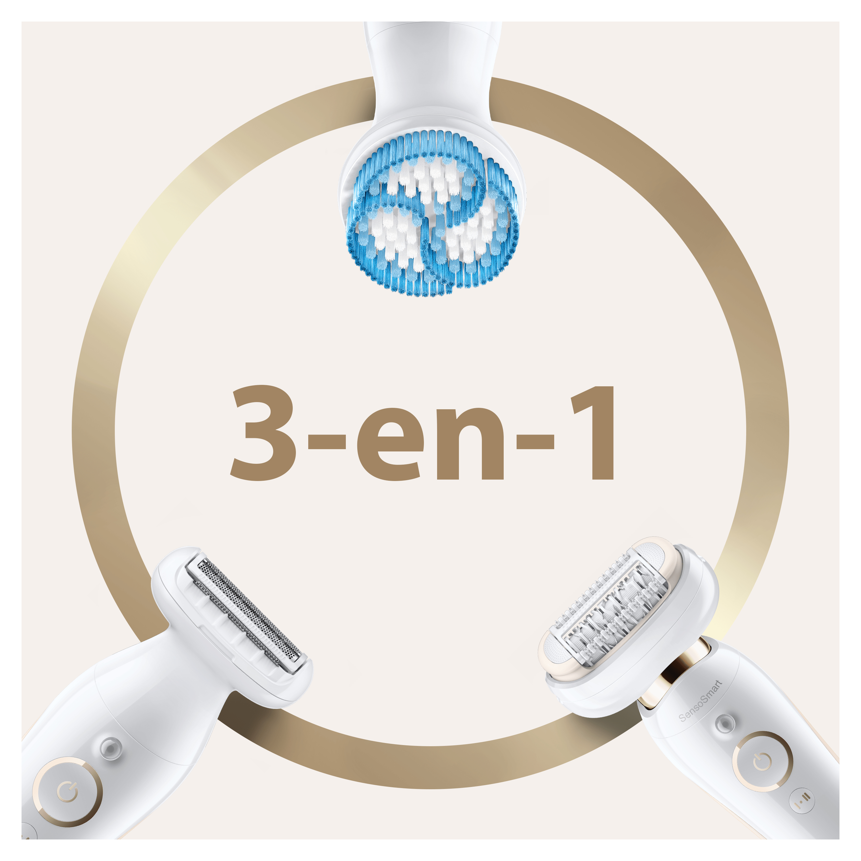Trzy głowice depilatora, ze złotym pierścieniem wokół nich. Tekst '3-en-1' jest obecny.