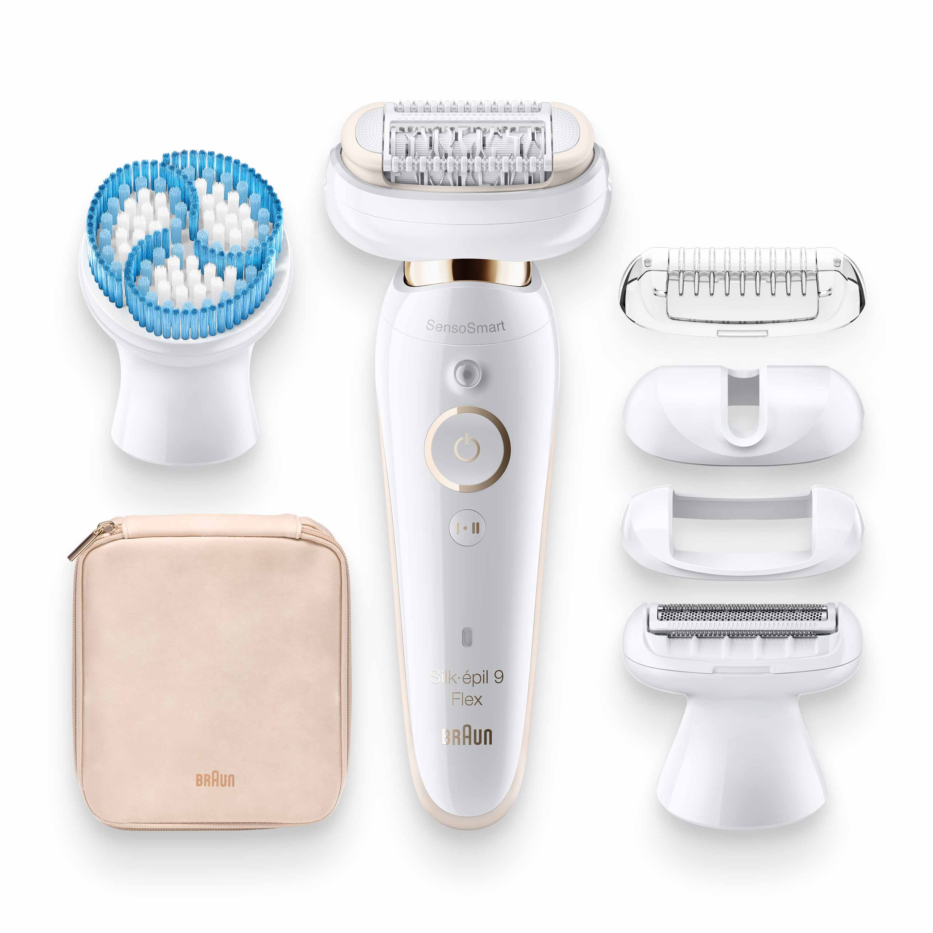 Depilator i akcesoria: szczotka, golarka i beżowa torba podróżna.