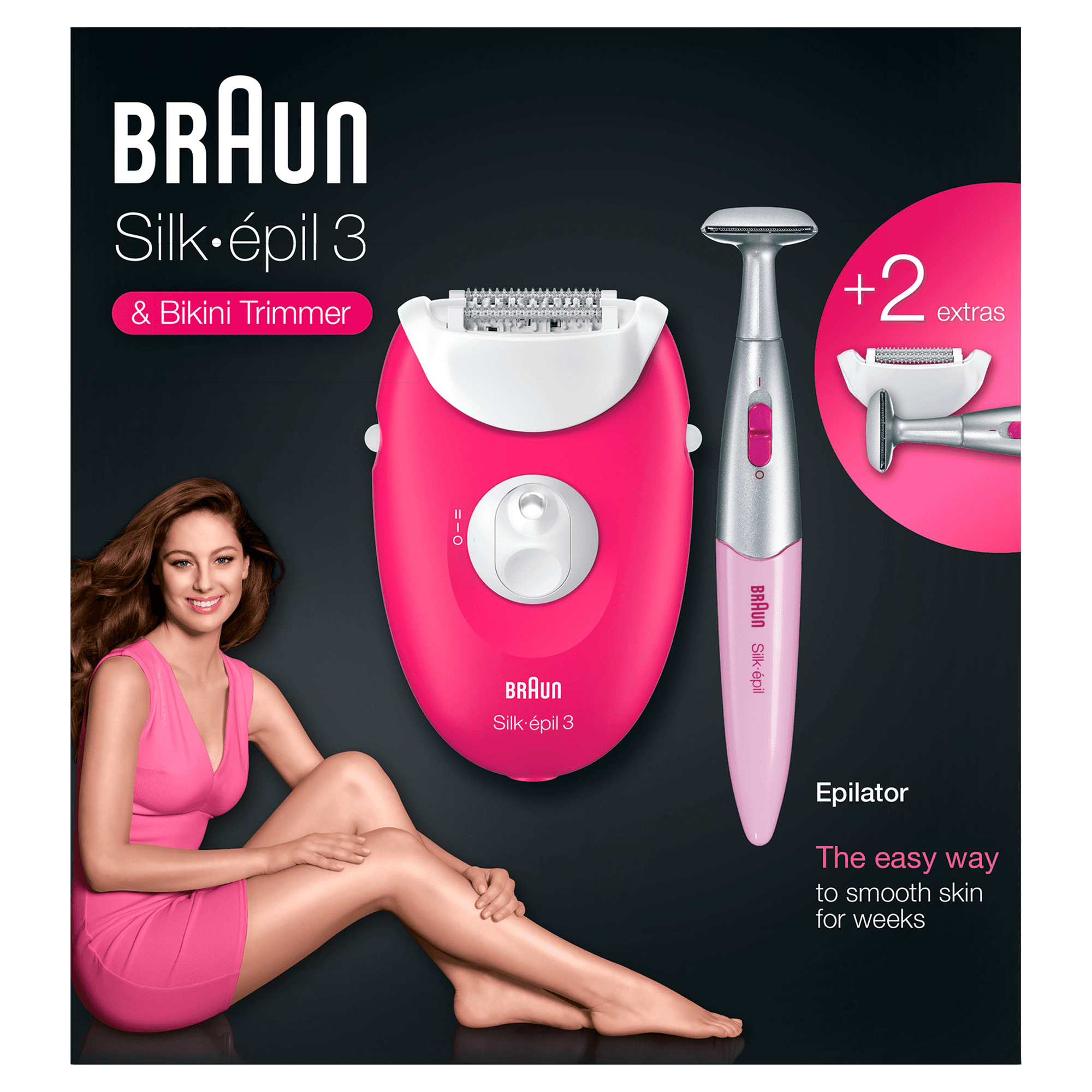 Braun Silk-épil 3 kutusu. Epilatör, bikini düzeltici ve kadın gösteriliyor. İki tane ek var.